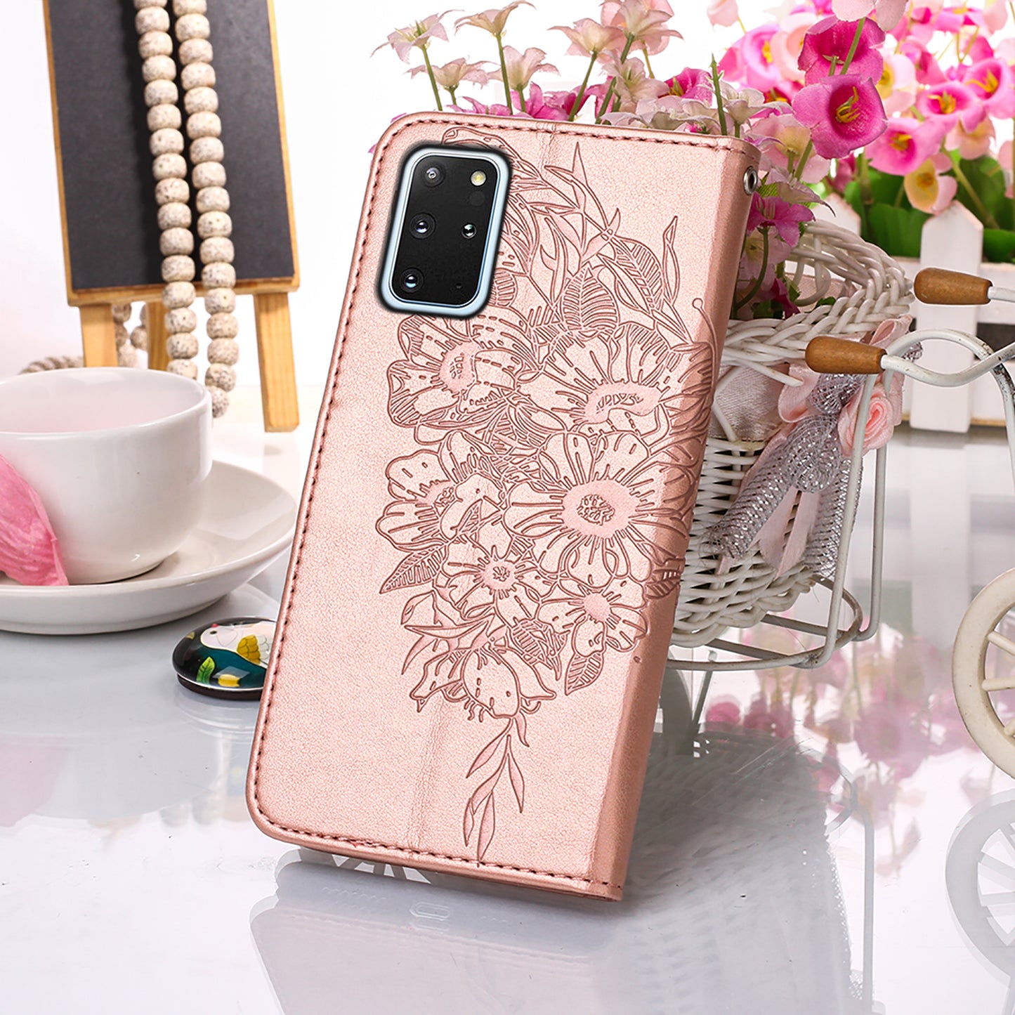 Imprint Butterfly and Flowers Wallet Leather Cell Phone Stand Shell for Samsung Galaxy S20 Plus / S20 Plus 5G - Rose Gold