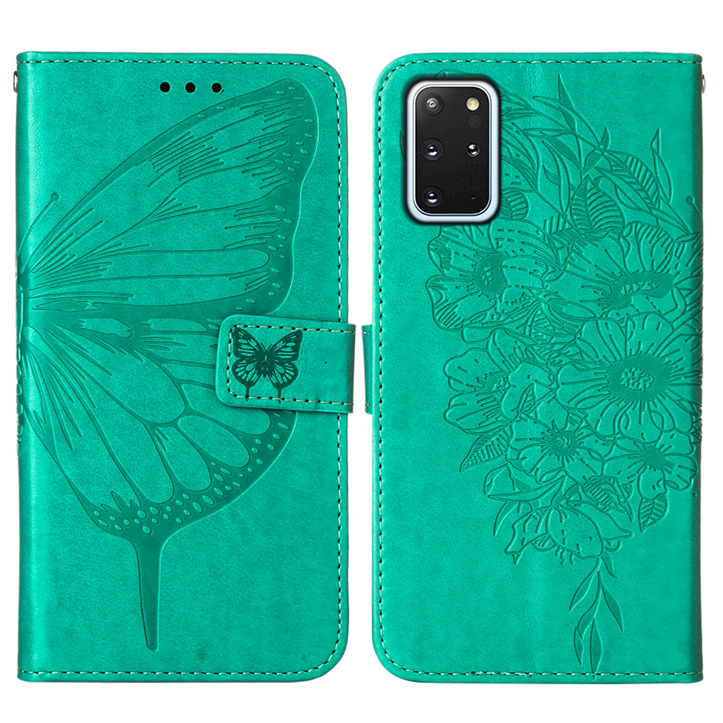 Imprint Butterfly and Flowers Wallet Leather Cell Phone Stand Shell for Samsung Galaxy S20 Plus / S20 Plus 5G - Cyan