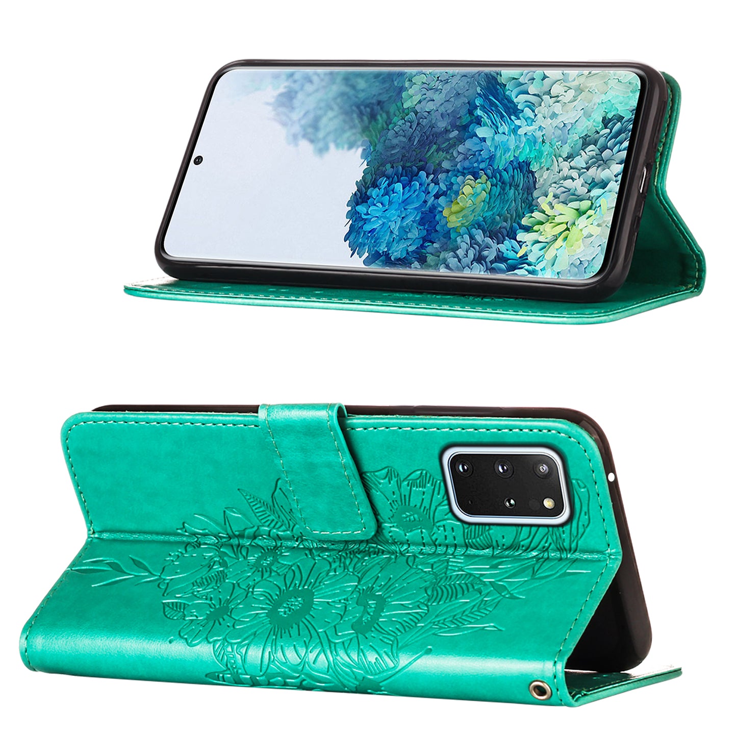 Imprint Butterfly and Flowers Wallet Leather Cell Phone Stand Shell for Samsung Galaxy S20 Plus / S20 Plus 5G - Cyan