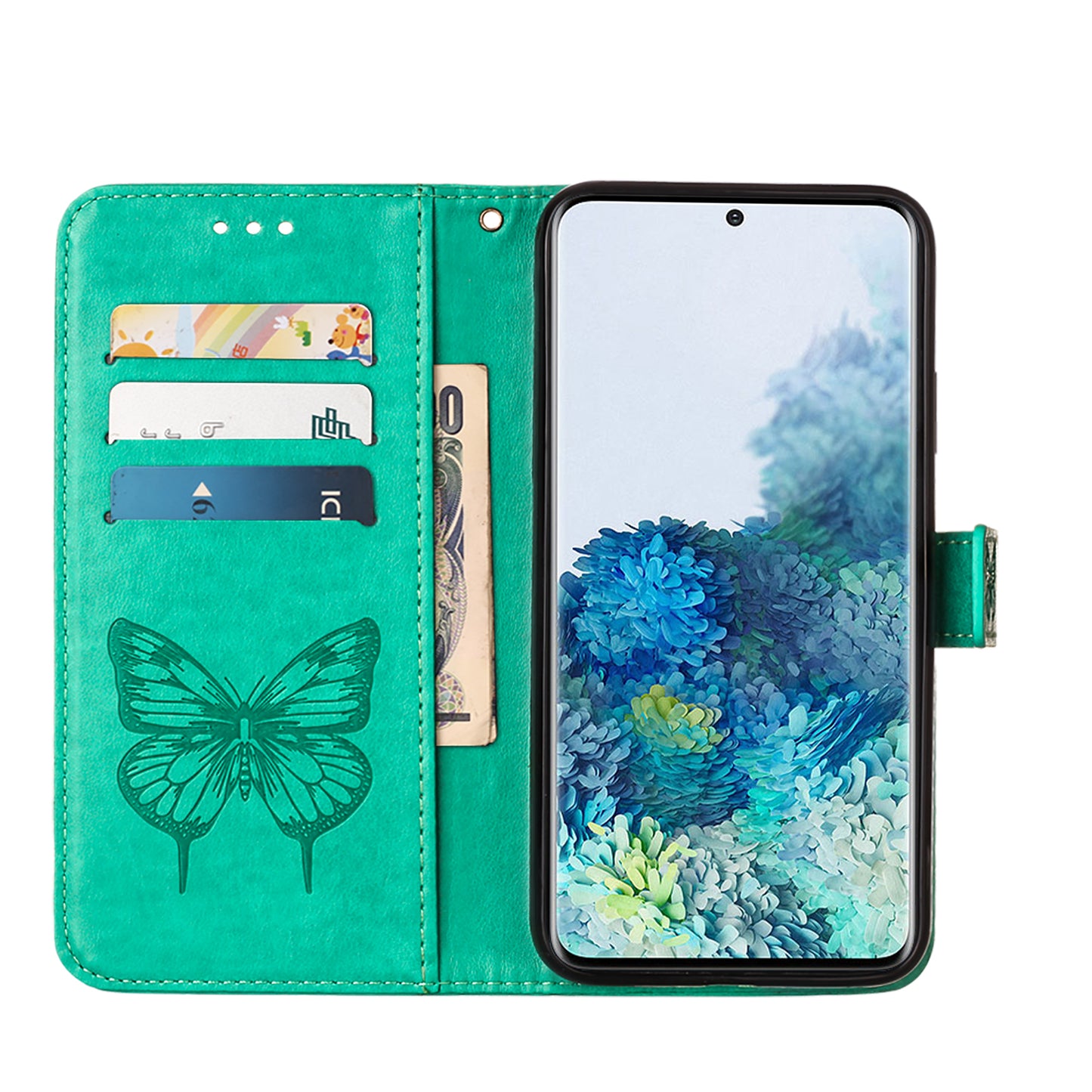 Imprint Butterfly and Flowers Wallet Leather Cell Phone Stand Shell for Samsung Galaxy S20 Plus / S20 Plus 5G - Cyan