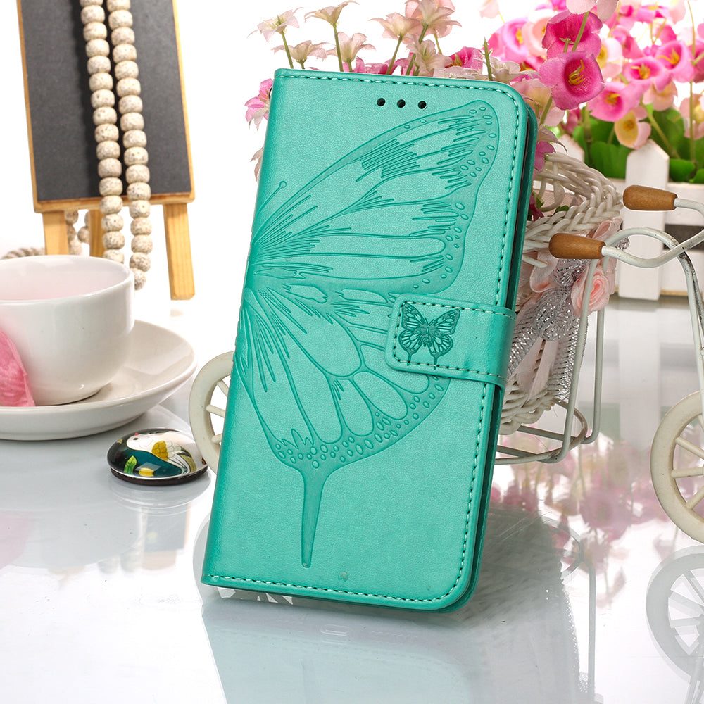 Imprint Butterfly and Flowers Wallet Leather Cell Phone Stand Shell for Samsung Galaxy S20 Plus / S20 Plus 5G - Cyan