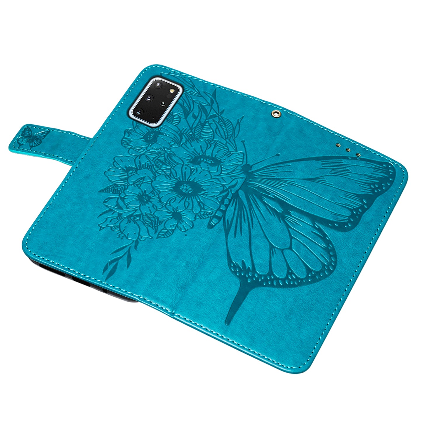 Imprint Butterfly and Flowers Wallet Leather Cell Phone Stand Shell for Samsung Galaxy S20 Plus / S20 Plus 5G - Blue