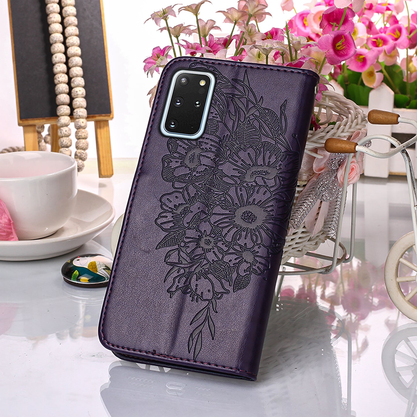 Imprint Butterfly and Flowers Wallet Leather Cell Phone Stand Shell for Samsung Galaxy S20 Plus / S20 Plus 5G - Dark Purple