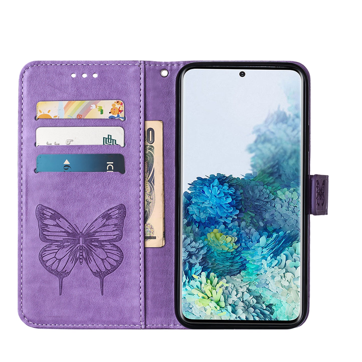 Imprint Butterfly and Flowers Wallet Leather Cell Phone Stand Shell for Samsung Galaxy S20 Plus / S20 Plus 5G - Light Purple
