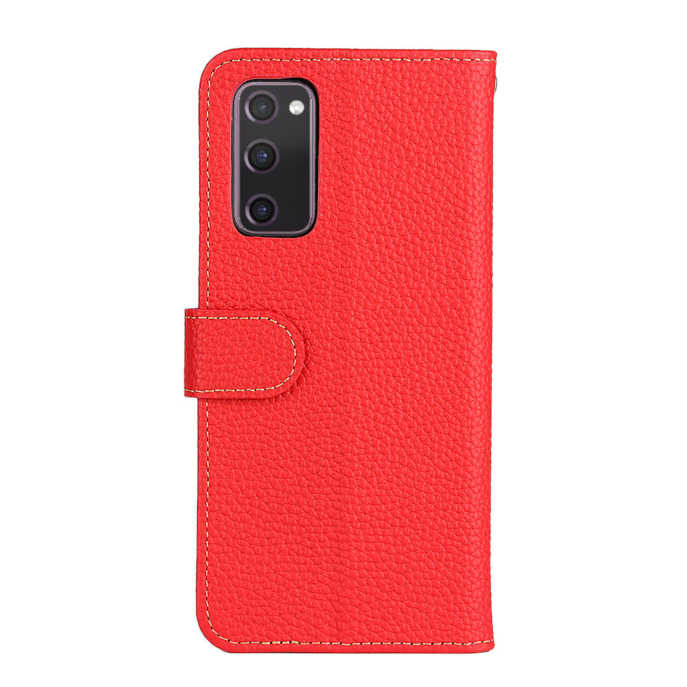 Litchi Grain Top Layer Genuine Leather Wallet Phone Case for Samsung Galaxy S20 FE/Fan Edition/S20 FE 5G/Fan Edition 5G/S20 Lite/S20 FE 2022 - Red