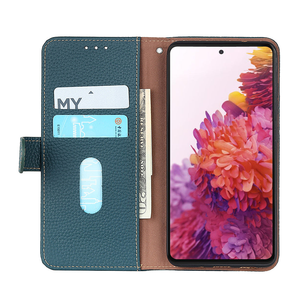 Litchi Grain Top Layer Genuine Leather Wallet Phone Case for Samsung Galaxy S20 FE/Fan Edition/S20 FE 5G/Fan Edition 5G/S20 Lite/S20 FE 2022 - Green