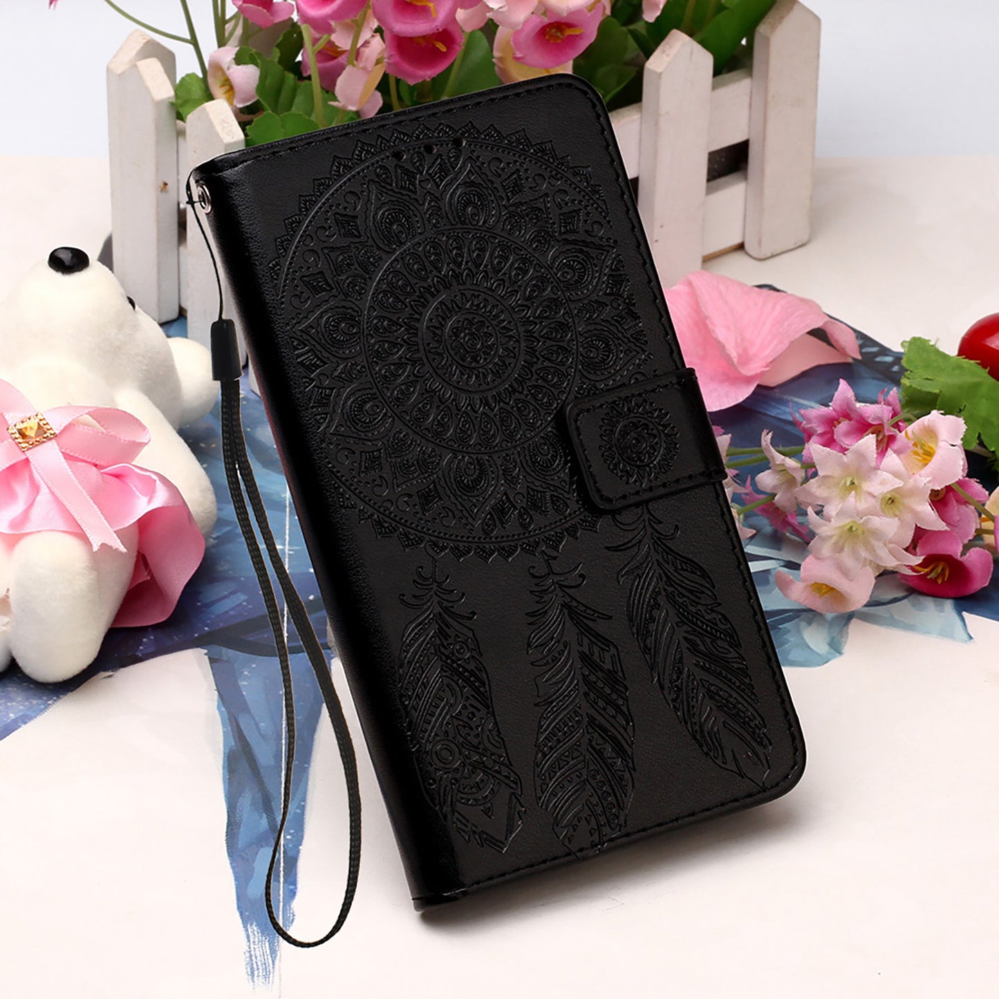 For Samsung Galaxy S20 FE/S20 Fan Edition/S20 FE 5G/S20 Fan Edition 5G/S20 Lite/S20 FE 2022 Dreamcatcher Imprinting Leather Wallet Cell Phone Cover Shell - Black