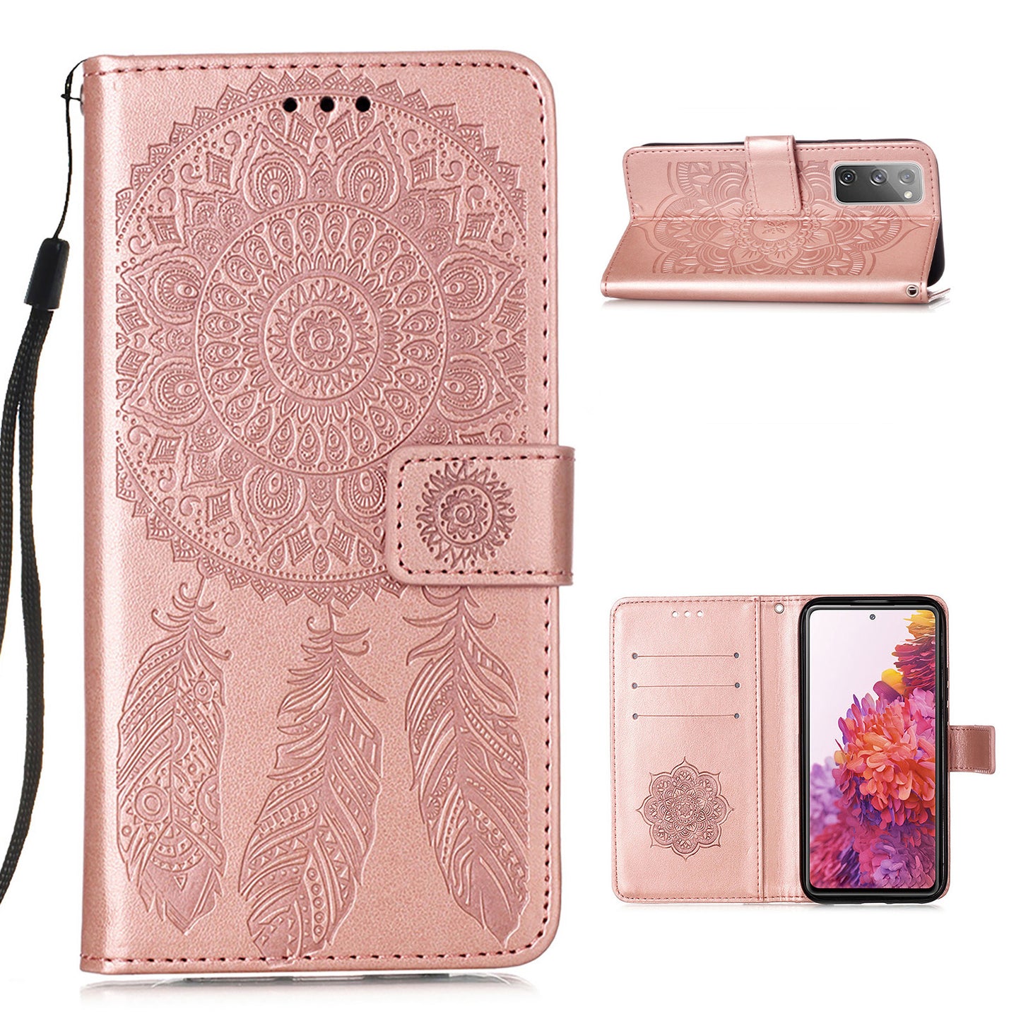 For Samsung Galaxy S20 FE/S20 Fan Edition/S20 FE 5G/S20 Fan Edition 5G/S20 Lite/S20 FE 2022 Dreamcatcher Imprinting Leather Wallet Cell Phone Cover Shell - Rose Gold