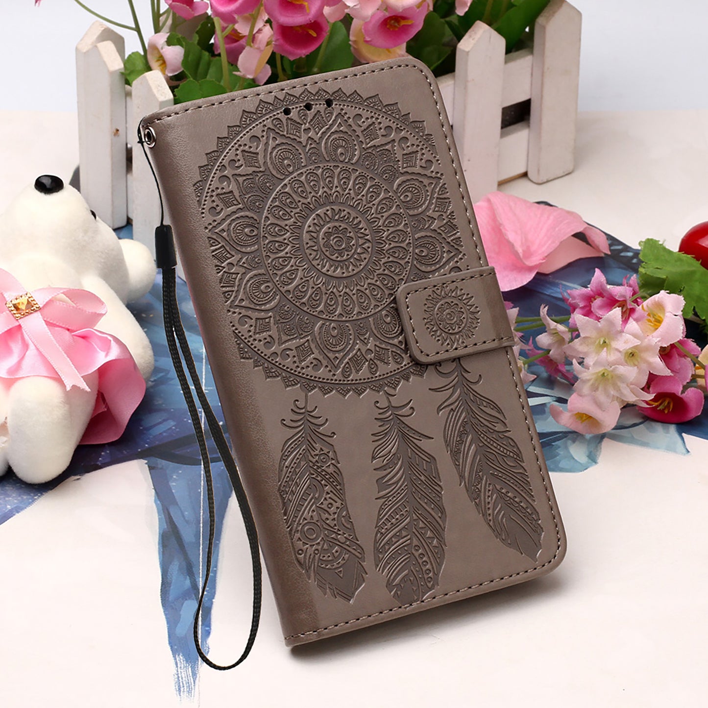 For Samsung Galaxy S20 FE/S20 Fan Edition/S20 FE 5G/S20 Fan Edition 5G/S20 Lite/S20 FE 2022 Dreamcatcher Imprinting Leather Wallet Cell Phone Cover Shell - Coffee