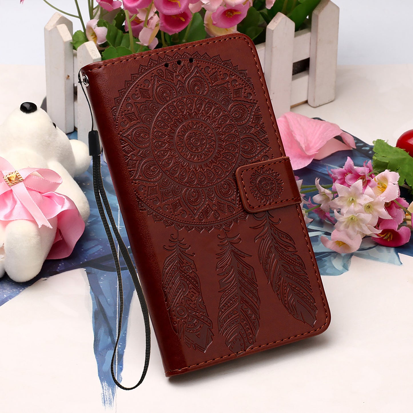 For Samsung Galaxy S20 FE/S20 Fan Edition/S20 FE 5G/S20 Fan Edition 5G/S20 Lite/S20 FE 2022 Dreamcatcher Imprinting Leather Wallet Cell Phone Cover Shell - Brown