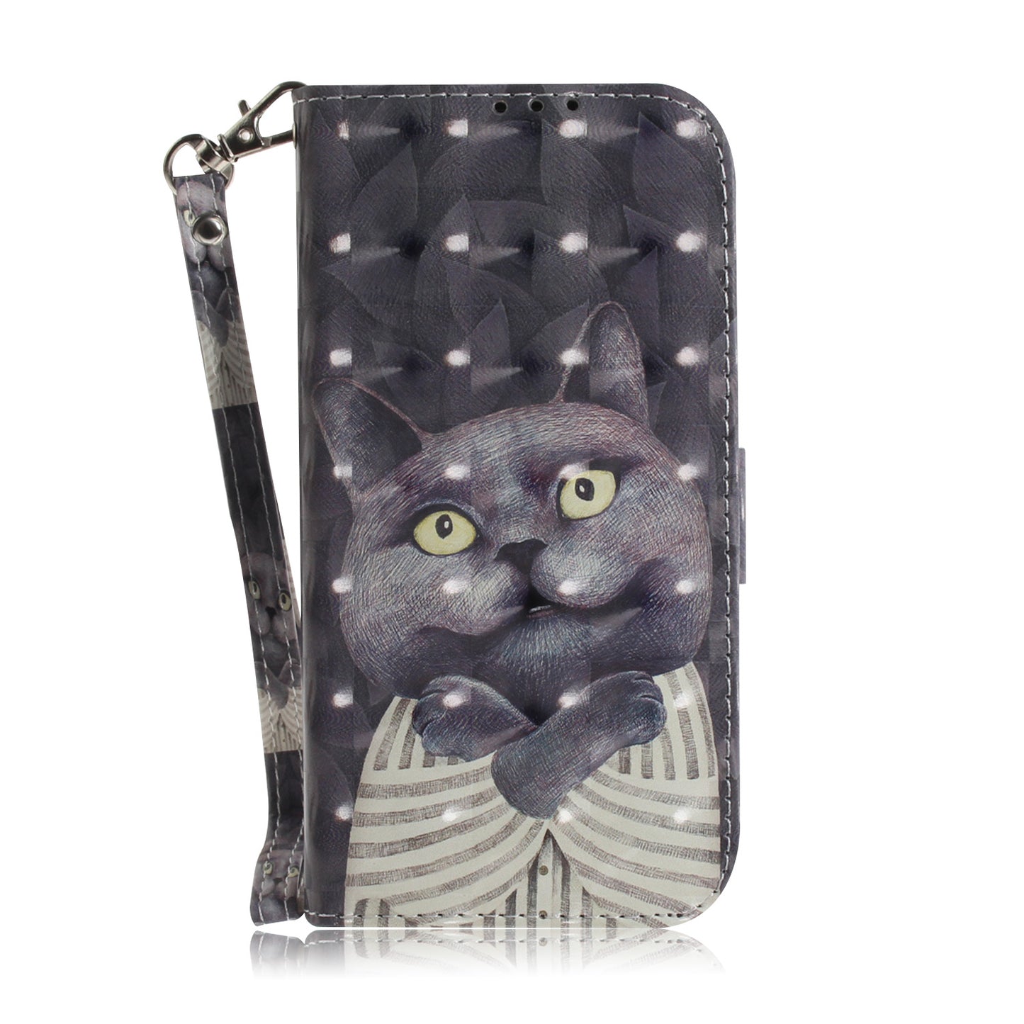 For Samsung Galaxy S20 FE/S20 Fan Edition/S20 FE 5G/S20 Fan Edition 5G/S20 Lite/S20 FE 2022 Light Spot Decor Pattern Printing Wallet Stand Leather Phone Case with Strap - Black Cat