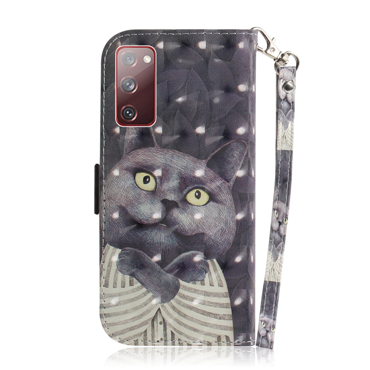 For Samsung Galaxy S20 FE/S20 Fan Edition/S20 FE 5G/S20 Fan Edition 5G/S20 Lite/S20 FE 2022 Light Spot Decor Pattern Printing Wallet Stand Leather Phone Case with Strap - Black Cat