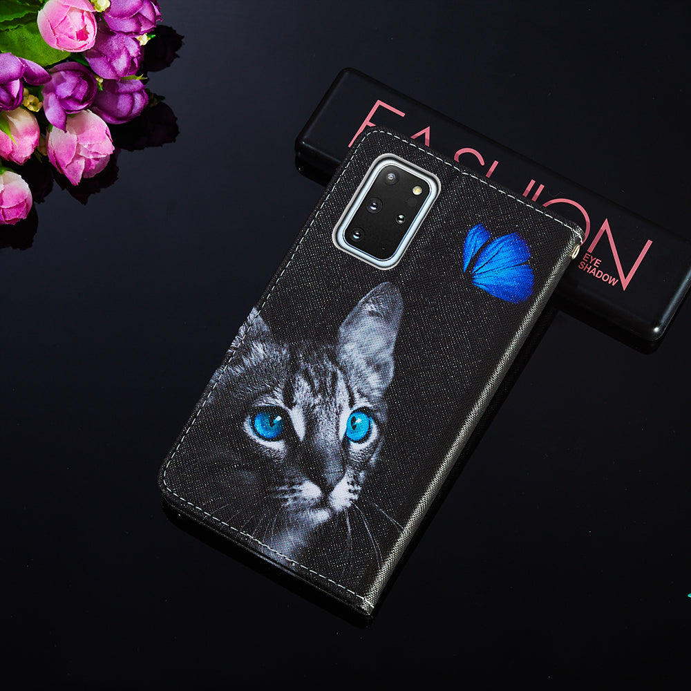 Leather Wallet Stand Phone Protective Case Pattern Printing for Samsung Galaxy S20 Plus/S20 Plus 5G - Cat