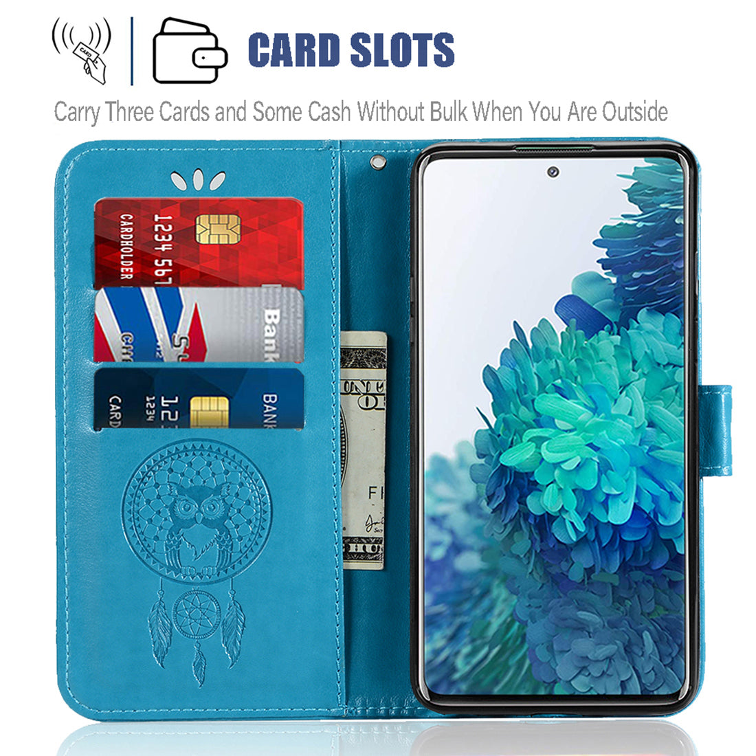 For Samsung Galaxy S20 FE/S20 Fan Edition/S20 FE 5G/S20 Fan Edition 5G/S20 Lite/S20 FE 2022 Imprinted Dream Catcher Owl Leather Wallet Case - Blue