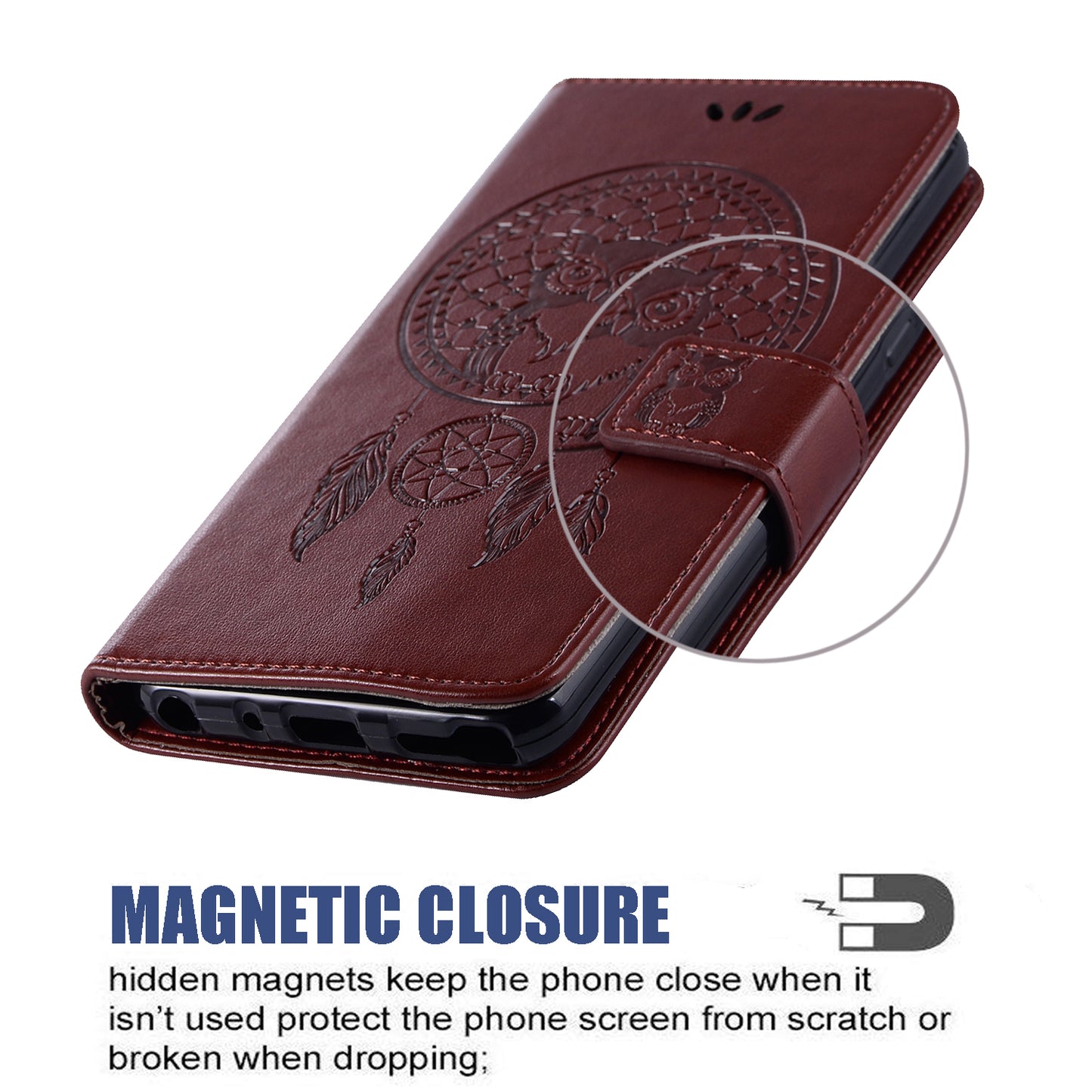 For Samsung Galaxy S20 FE/S20 Fan Edition/S20 FE 5G/S20 Fan Edition 5G/S20 Lite/S20 FE 2022 Imprinted Dream Catcher Owl Leather Wallet Case - Brown