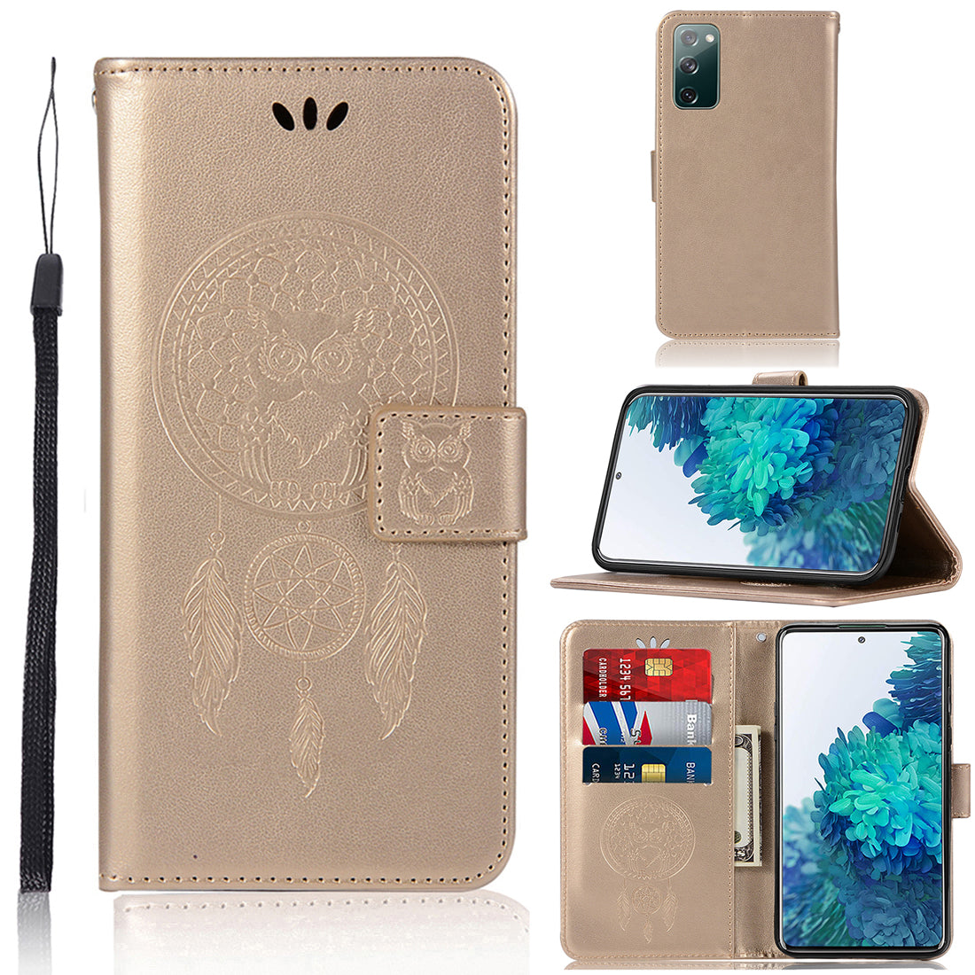 For Samsung Galaxy S20 FE/S20 Fan Edition/S20 FE 5G/S20 Fan Edition 5G/S20 Lite/S20 FE 2022 Imprinted Dream Catcher Owl Leather Wallet Case - Gold