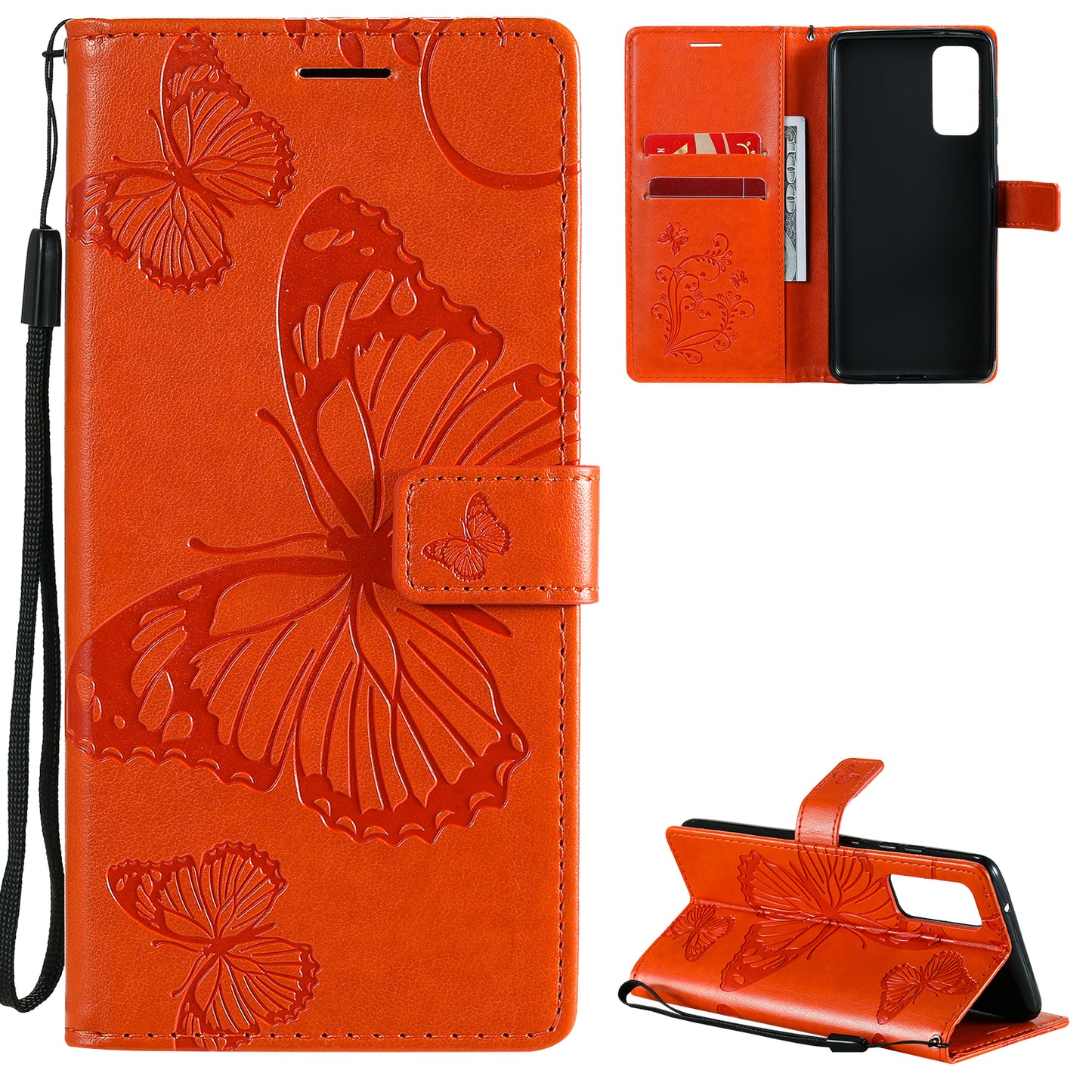For Samsung Galaxy S20 FE/S20 Fan Edition/S20 FE 5G/S20 Fan Edition 5G/S20 Lite/S20 FE 2022 KT Imprinting Flower Series-2 Butterfly Pattern Imprinting Leather Wallet Phone Cover Case - Orange