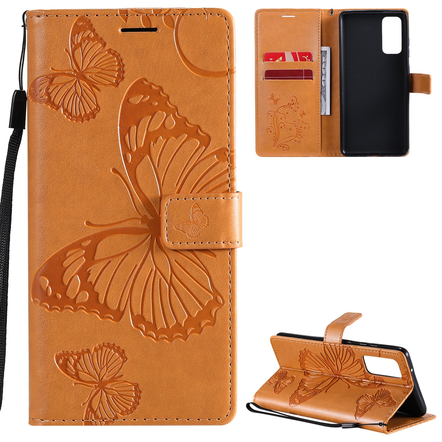 For Samsung Galaxy S20 FE/S20 Fan Edition/S20 FE 5G/S20 Fan Edition 5G/S20 Lite/S20 FE 2022 KT Imprinting Flower Series-2 Butterfly Pattern Imprinting Leather Wallet Phone Cover Case - Yellow