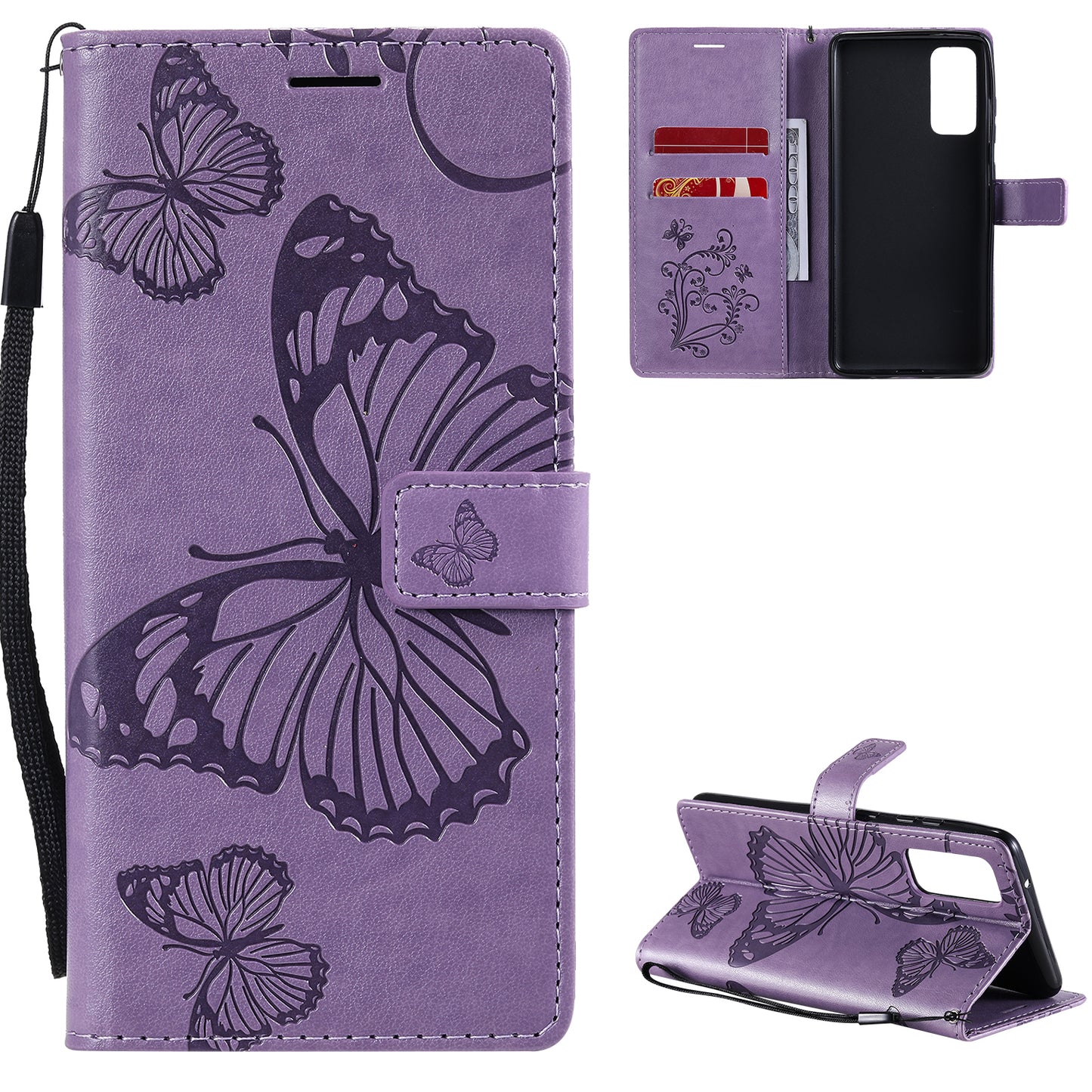 For Samsung Galaxy S20 FE/S20 Fan Edition/S20 FE 5G/S20 Fan Edition 5G/S20 Lite/S20 FE 2022 KT Imprinting Flower Series-2 Butterfly Pattern Imprinting Leather Wallet Phone Cover Case - Purple