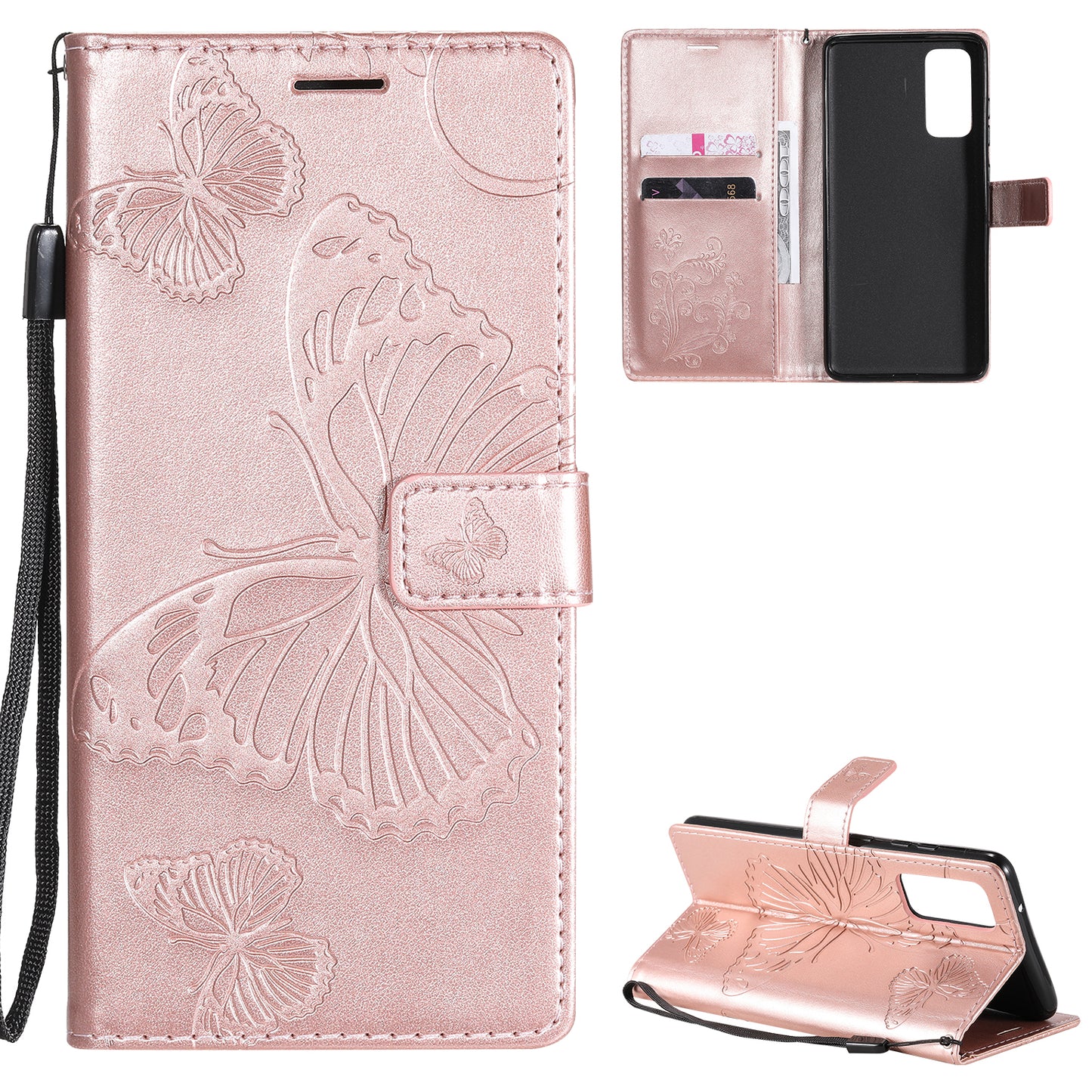 For Samsung Galaxy S20 FE/S20 Fan Edition/S20 FE 5G/S20 Fan Edition 5G/S20 Lite/S20 FE 2022 KT Imprinting Flower Series-2 Butterfly Pattern Imprinting Leather Wallet Phone Cover Case - Rose Gold