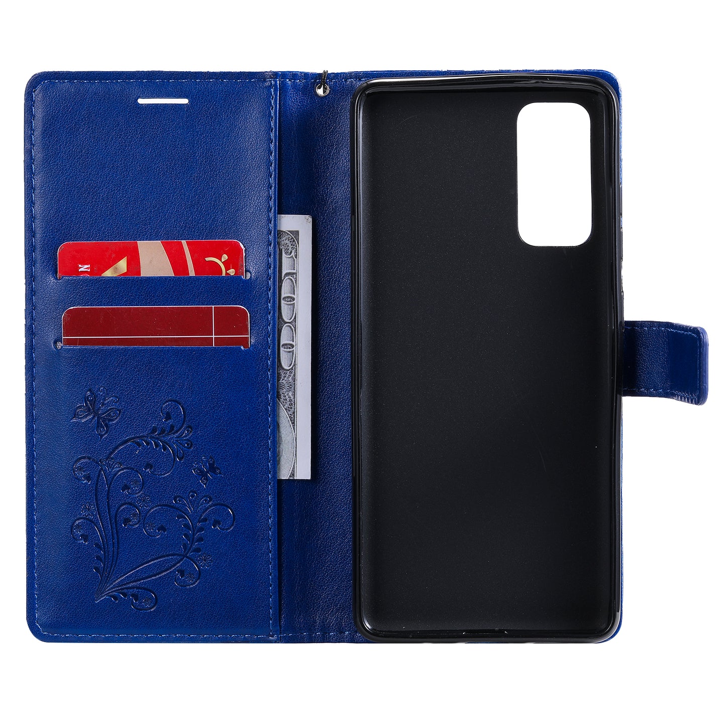 For Samsung Galaxy S20 FE/S20 Fan Edition/S20 FE 5G/S20 Fan Edition 5G/S20 Lite/S20 FE 2022 KT Imprinting Flower Series-2 Butterfly Pattern Imprinting Leather Wallet Phone Cover Case - Blue