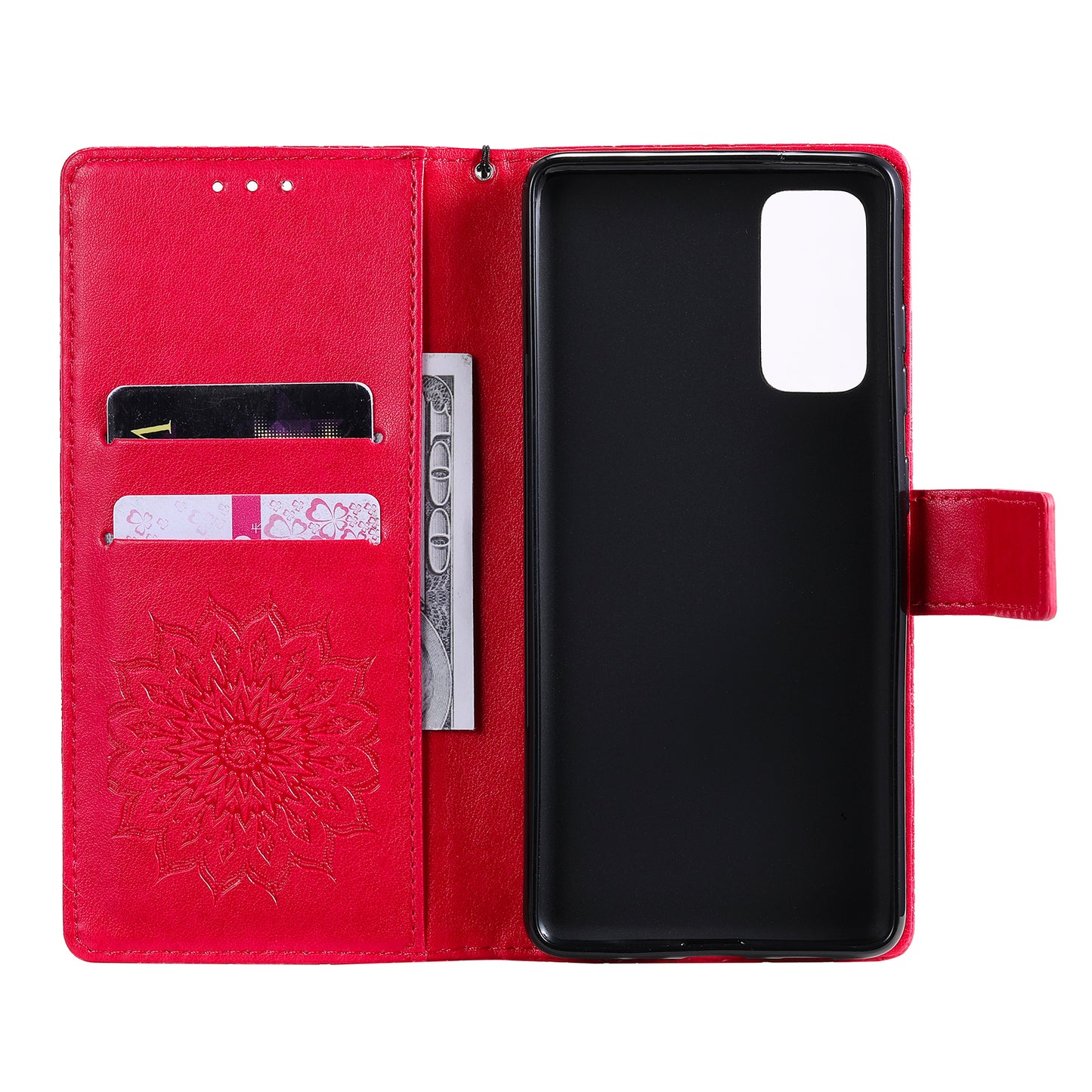 For Samsung Galaxy S20 FE/S20 Fan Edition/S20 FE 5G/S20 Fan Edition 5G/S20 Lite/S20 FE 2022 KT Imprinting Flower Series-1 Imprint Sunflower Pattern PU Leather Phone Cover Shell with Wallet and Stand - Red