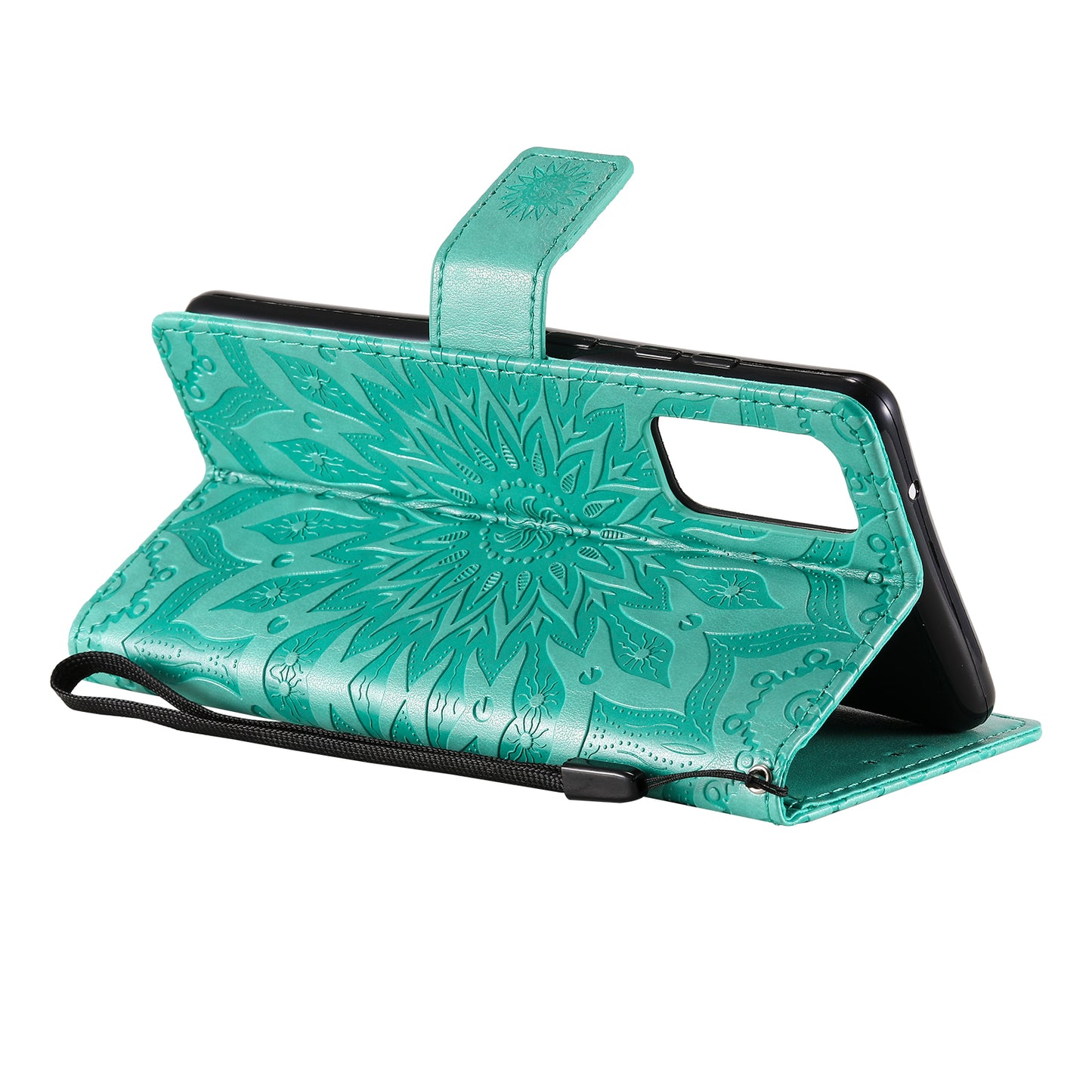 For Samsung Galaxy S20 FE/S20 Fan Edition/S20 FE 5G/S20 Fan Edition 5G/S20 Lite/S20 FE 2022 KT Imprinting Flower Series-1 Imprint Sunflower Pattern PU Leather Phone Cover Shell with Wallet and Stand - Cyan