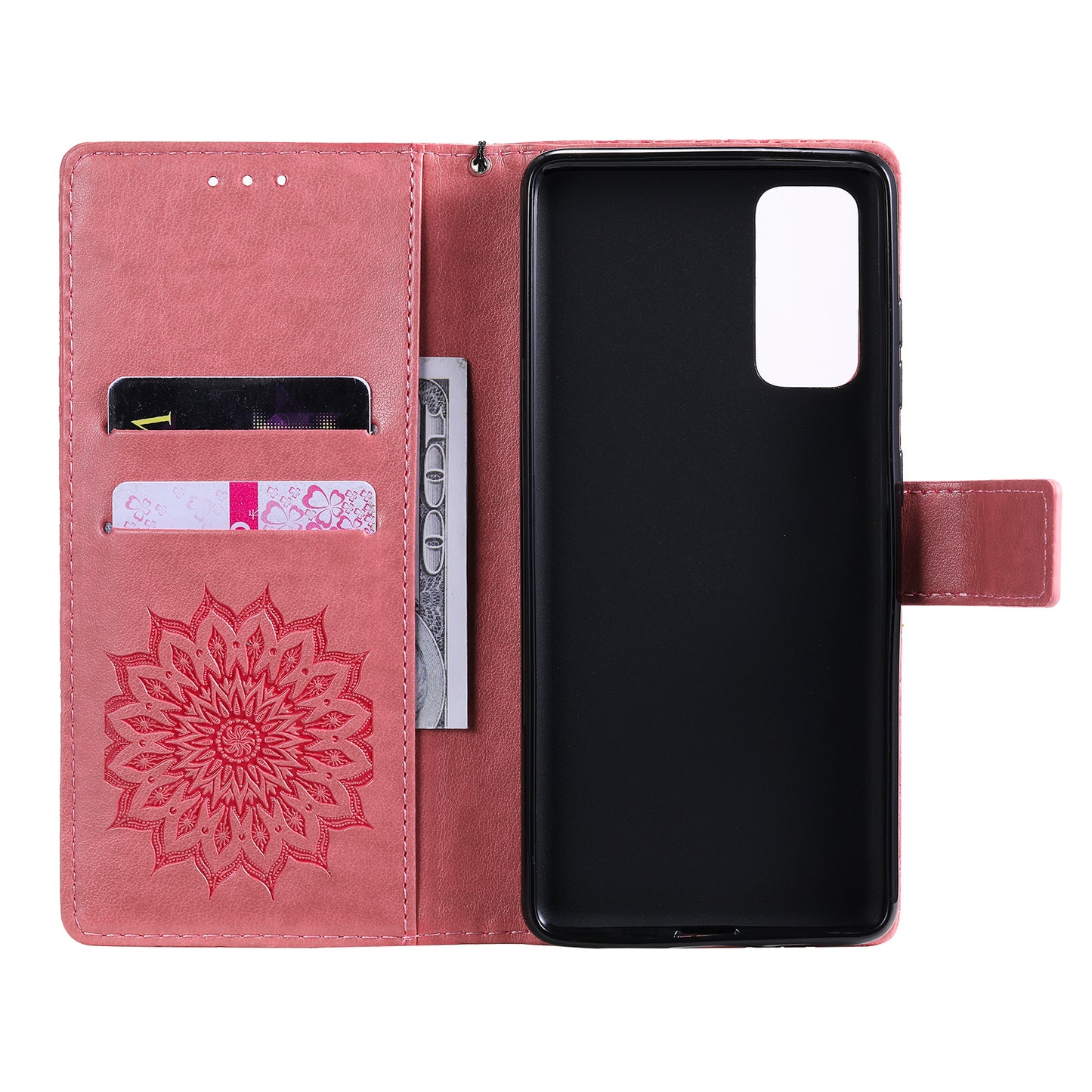 For Samsung Galaxy S20 FE/S20 Fan Edition/S20 FE 5G/S20 Fan Edition 5G/S20 Lite/S20 FE 2022 KT Imprinting Flower Series-1 Imprint Sunflower Pattern PU Leather Phone Cover Shell with Wallet and Stand - Pink