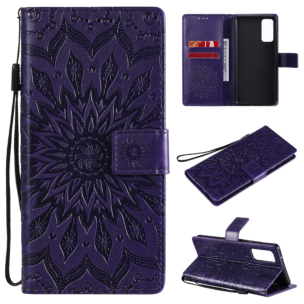 For Samsung Galaxy S20 FE/S20 Fan Edition/S20 FE 5G/S20 Fan Edition 5G/S20 Lite/S20 FE 2022 KT Imprinting Flower Series-1 Imprint Sunflower Pattern PU Leather Phone Cover Shell with Wallet and Stand - Purple