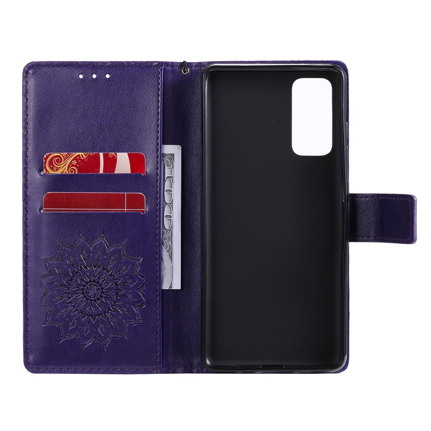 For Samsung Galaxy S20 FE/S20 Fan Edition/S20 FE 5G/S20 Fan Edition 5G/S20 Lite/S20 FE 2022 KT Imprinting Flower Series-1 Imprint Sunflower Pattern PU Leather Phone Cover Shell with Wallet and Stand - Purple