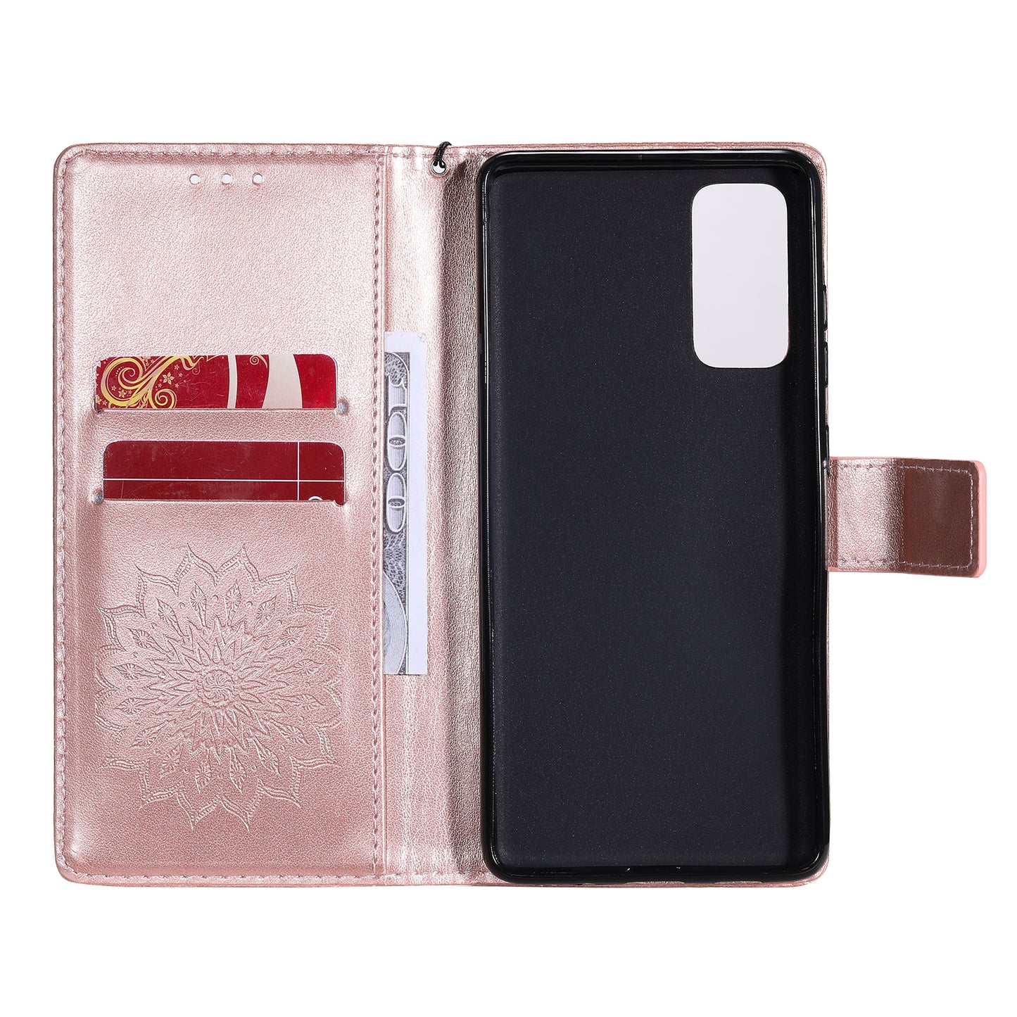 For Samsung Galaxy S20 FE/S20 Fan Edition/S20 FE 5G/S20 Fan Edition 5G/S20 Lite/S20 FE 2022 KT Imprinting Flower Series-1 Imprint Sunflower Pattern PU Leather Phone Cover Shell with Wallet and Stand - Rose Gold