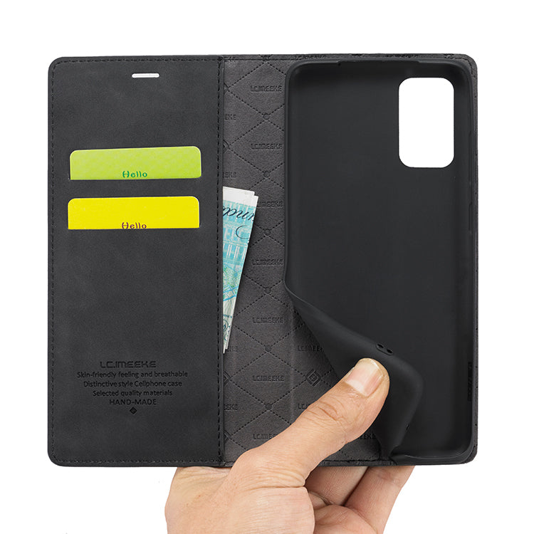 LC.IMEEKE Auto-Absorbed Leather Wallet Stand Phone Protective Shell with Wallet Stand for Samsung Galaxy S20 Plus/S20 Plus 5G - Black