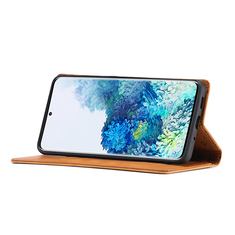 LC.IMEEKE Auto-Absorbed Leather Wallet Stand Phone Protective Shell with Wallet Stand for Samsung Galaxy S20 Plus/S20 Plus 5G - Light Brown