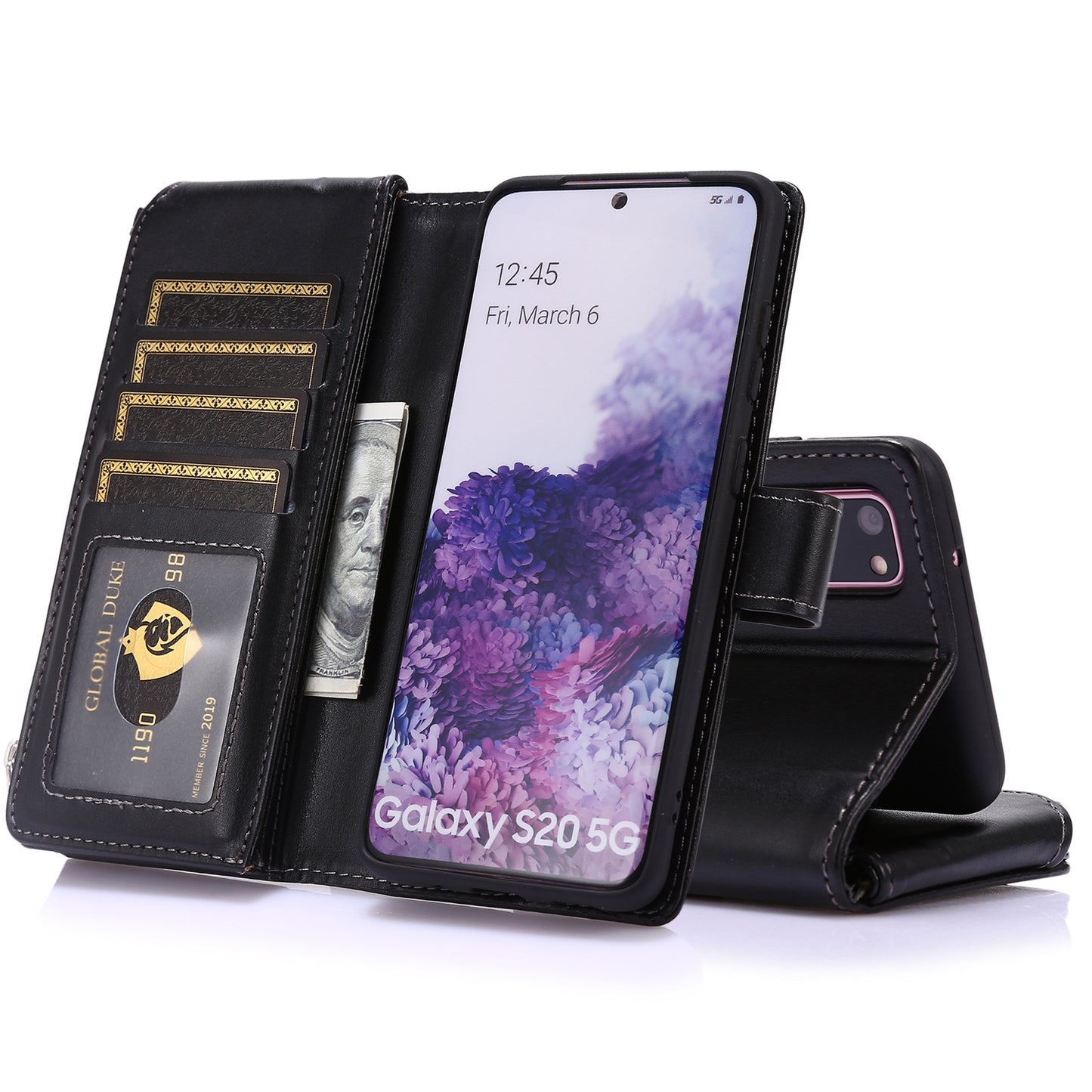 Leather Coated TPU Wallet Phone Stand Case with 9 Card Slots Kickstand Shell for Samsung Galaxy S20 FE 4G/5G/2022/S20 Lite - Black