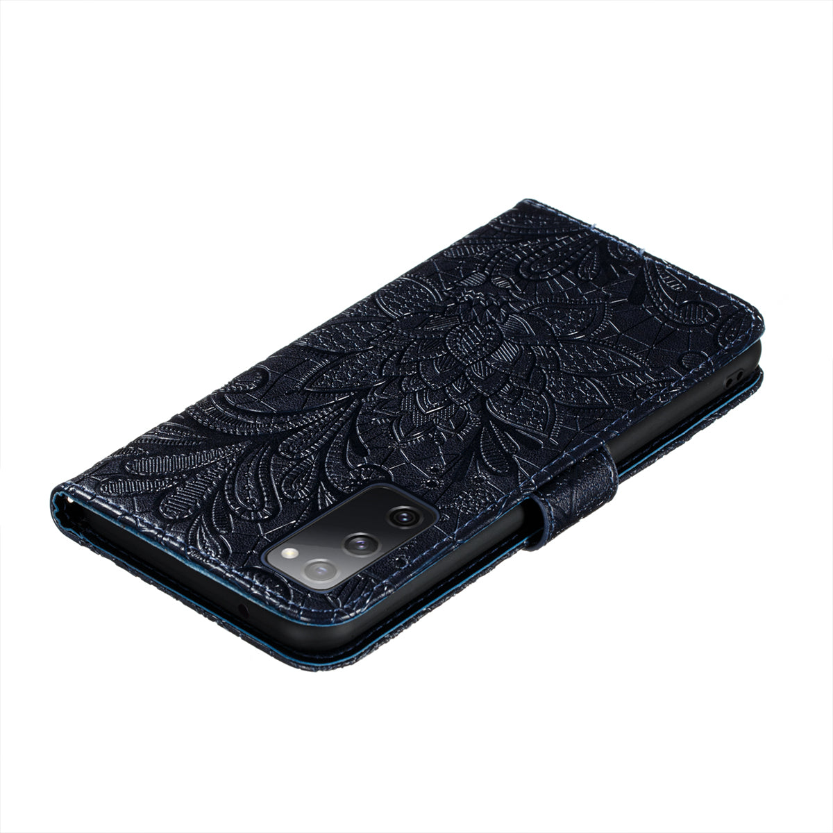 Leather Wallet Phone Cover Shell with Lace Flowers Pattern Imprinting for Samsung Galaxy S20 FE/S20 Fan Edition/S20 FE 5G/S20 Fan Edition 5G/S20 Lite - Blue