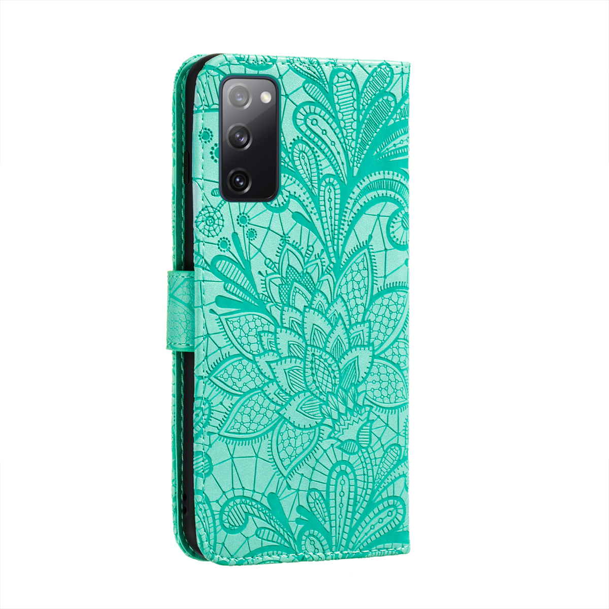Leather Wallet Phone Cover Shell with Lace Flowers Pattern Imprinting for Samsung Galaxy S20 FE/S20 Fan Edition/S20 FE 5G/S20 Fan Edition 5G/S20 Lite - Green