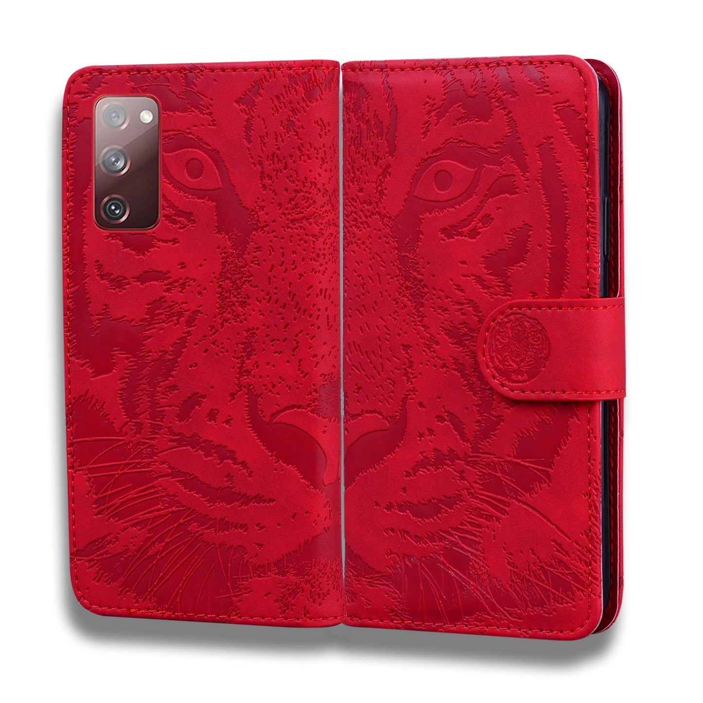 Imprint Tiger Face Leather Wallet Cell Phone Case with Stand for Samsung Galaxy S20 FE/S20 Fan Edition/S20 FE 5G/S20 Fan Edition 5G/S20 Lite - Red