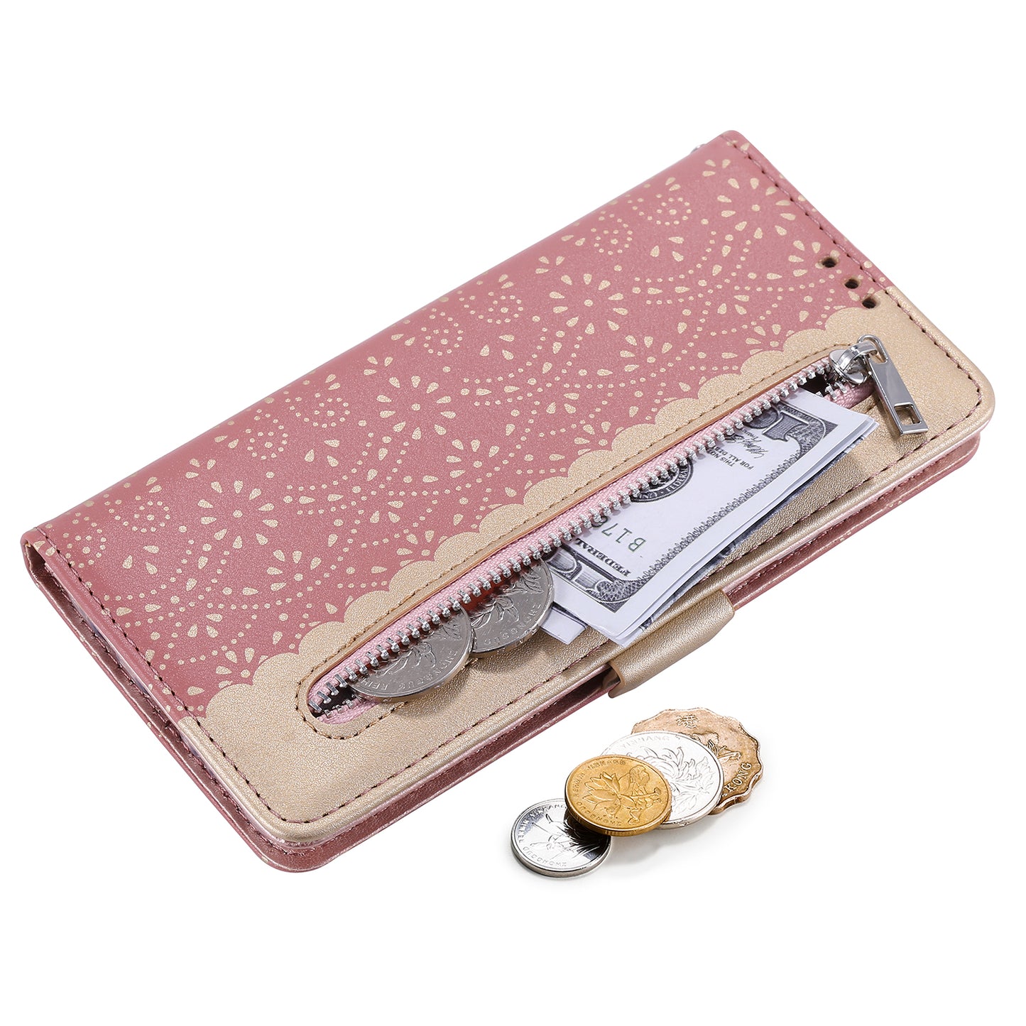 Lace Flower Skin Zipper Leather Cover for Samsung Galaxy S20 FE 4G/5G/2022/S20 Lite - Pink