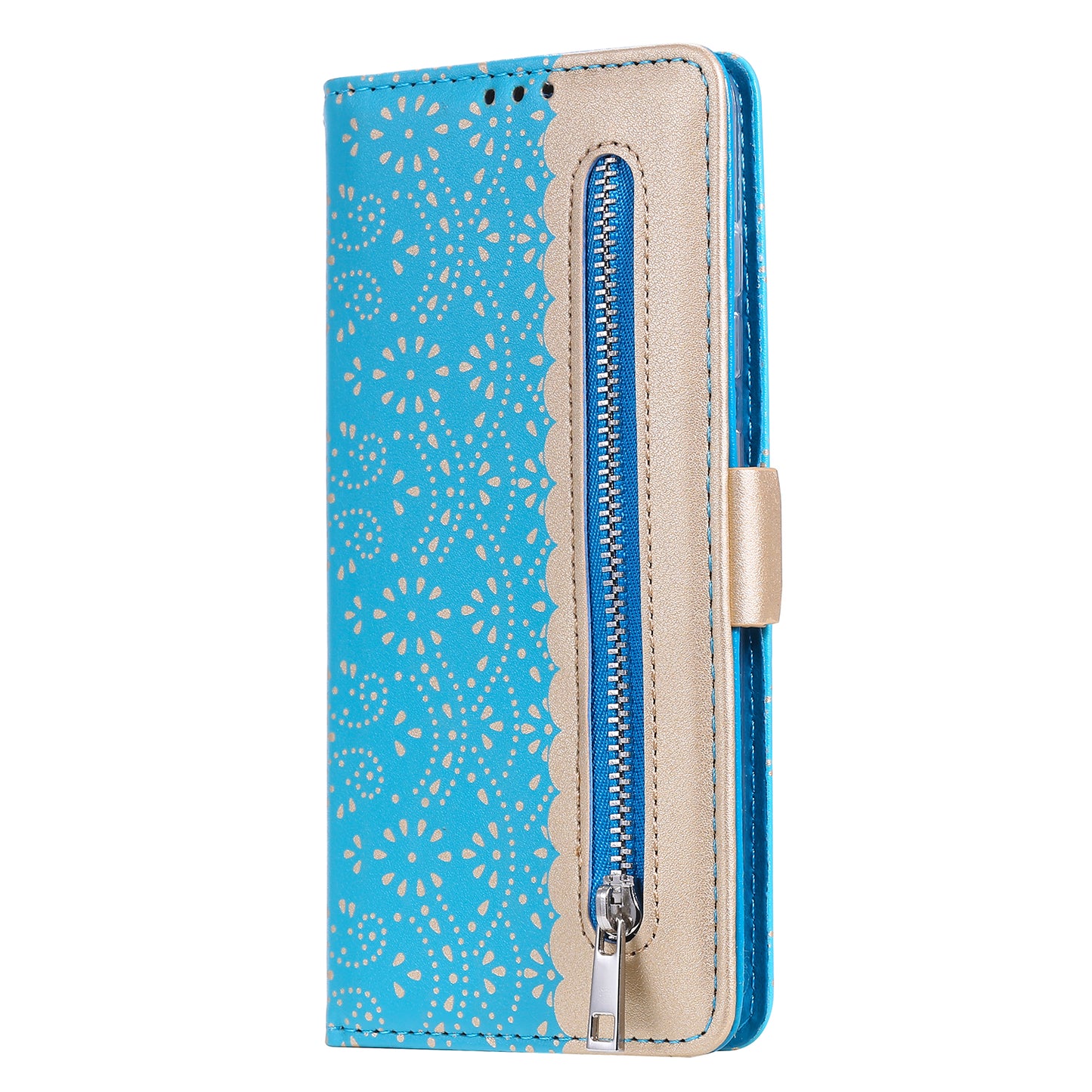 Lace Flower Skin Zipper Leather Cover for Samsung Galaxy S20 FE 4G/5G/2022/S20 Lite - Blue