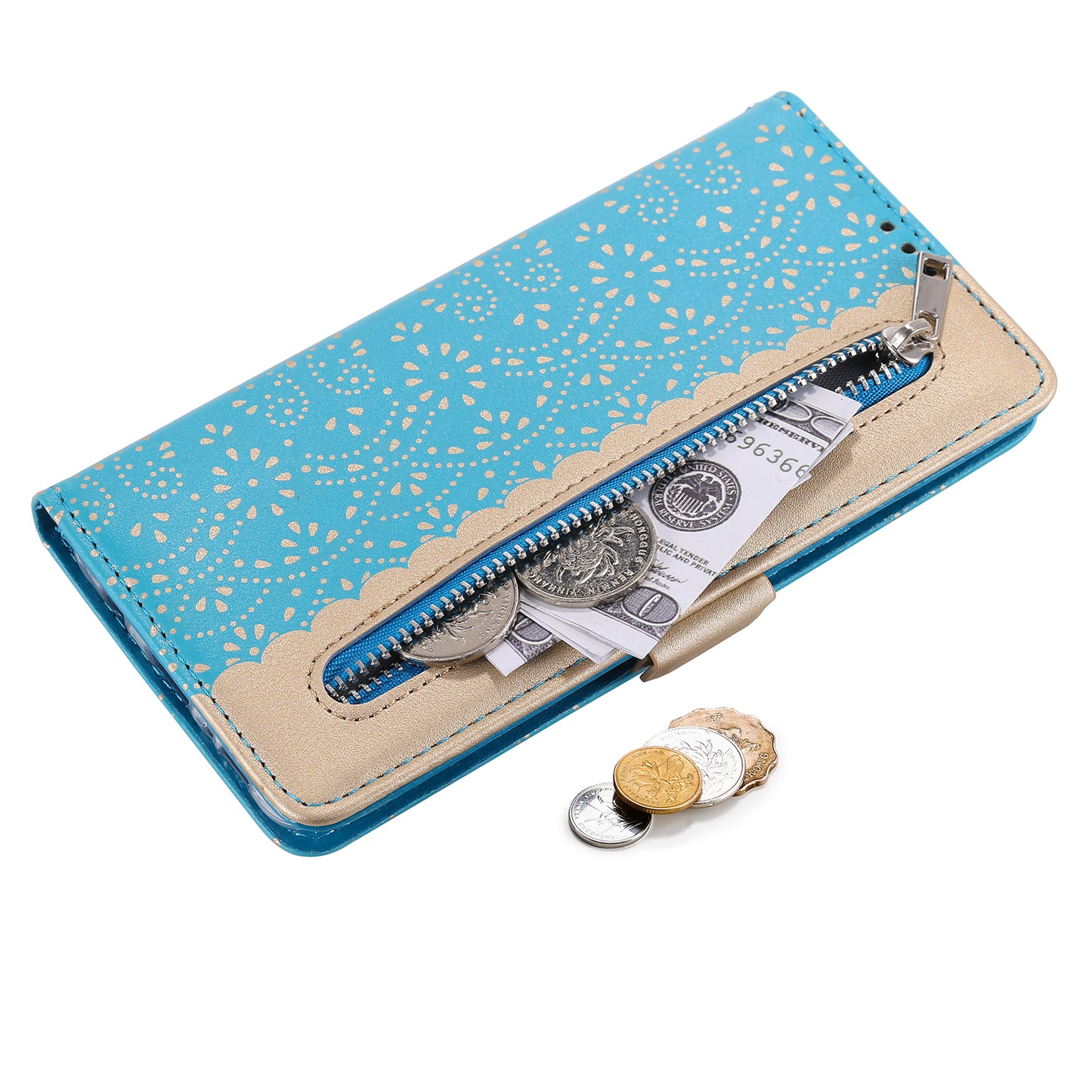 Lace Flower Skin Zipper Leather Cover for Samsung Galaxy S20 FE 4G/5G/2022/S20 Lite - Blue
