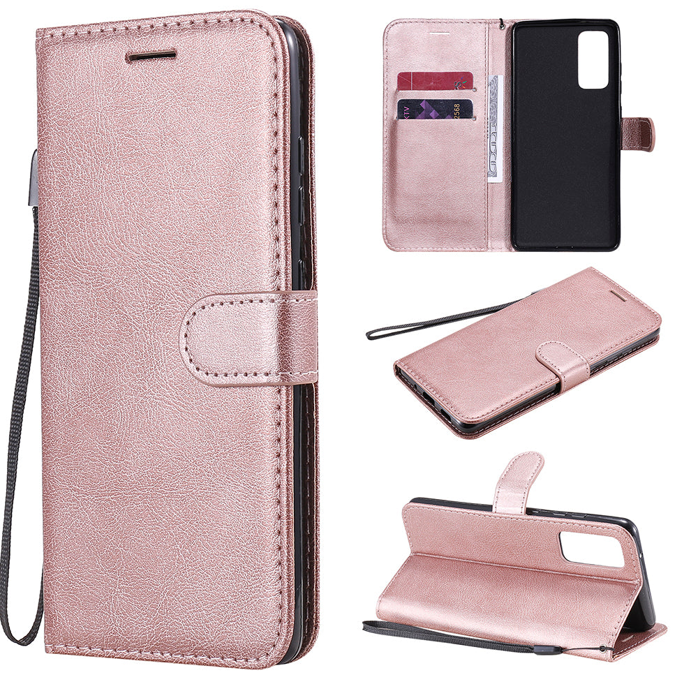 KT Leather Series-2 PU Leather Wallet Stand Case with Lanyard for Samsung Galaxy S20 FE 4G/5G/2022/S20 Lite - Rose Gold