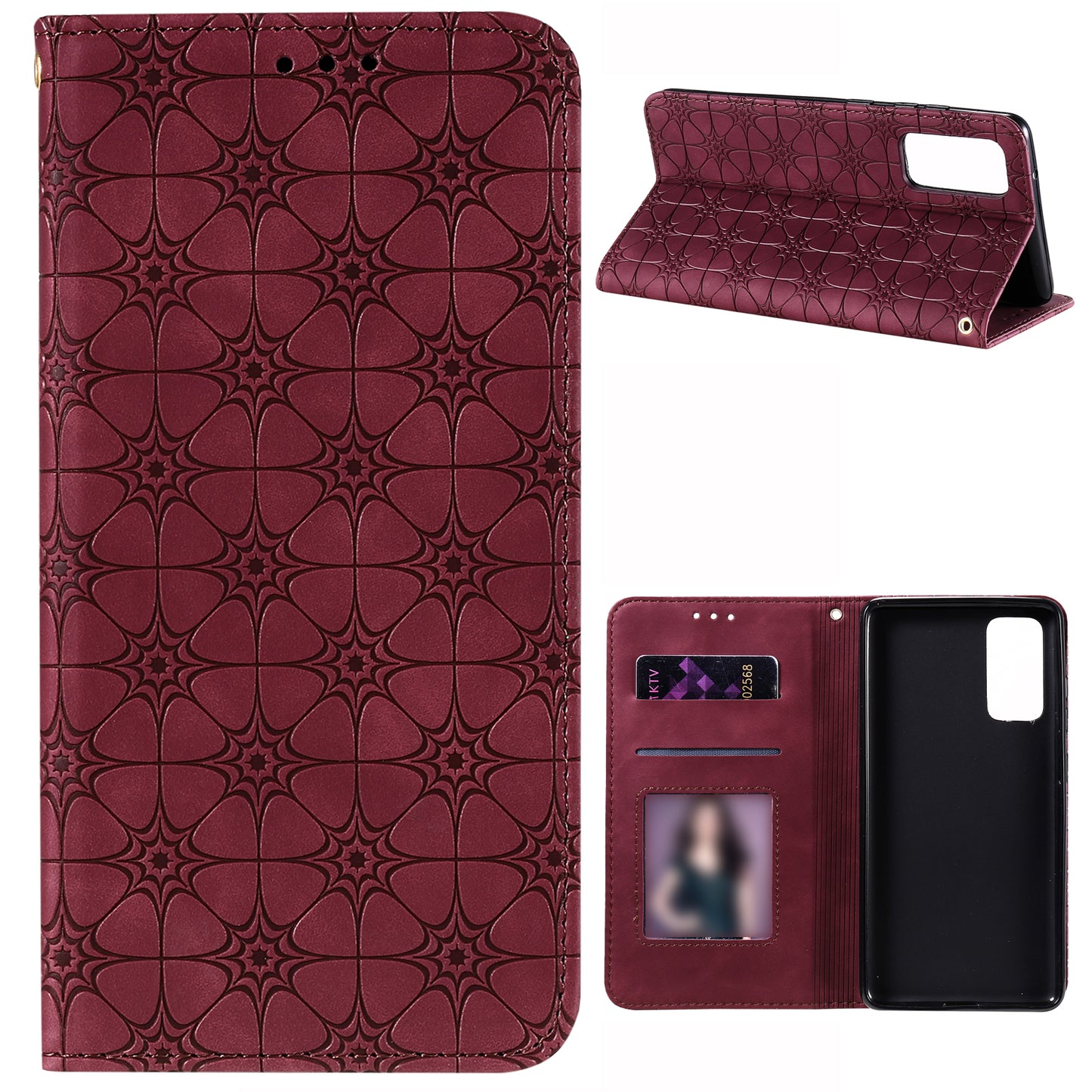 Imprint Lucky Flower Auto-absorbed Flip Leather Cover for Samsung Galaxy S20 FE 4G/5G/2022/S20 Lite - Wine Red