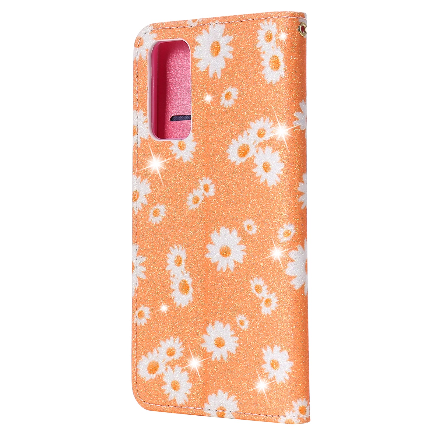 New Arrival Gleaming Powder Daisy Pattern Leather Phone Case for Samsung Galaxy S20 FE/S20 Fan Edition/S20 FE 5G/S20 Fan Edition 5G/S20 Lite - Orange