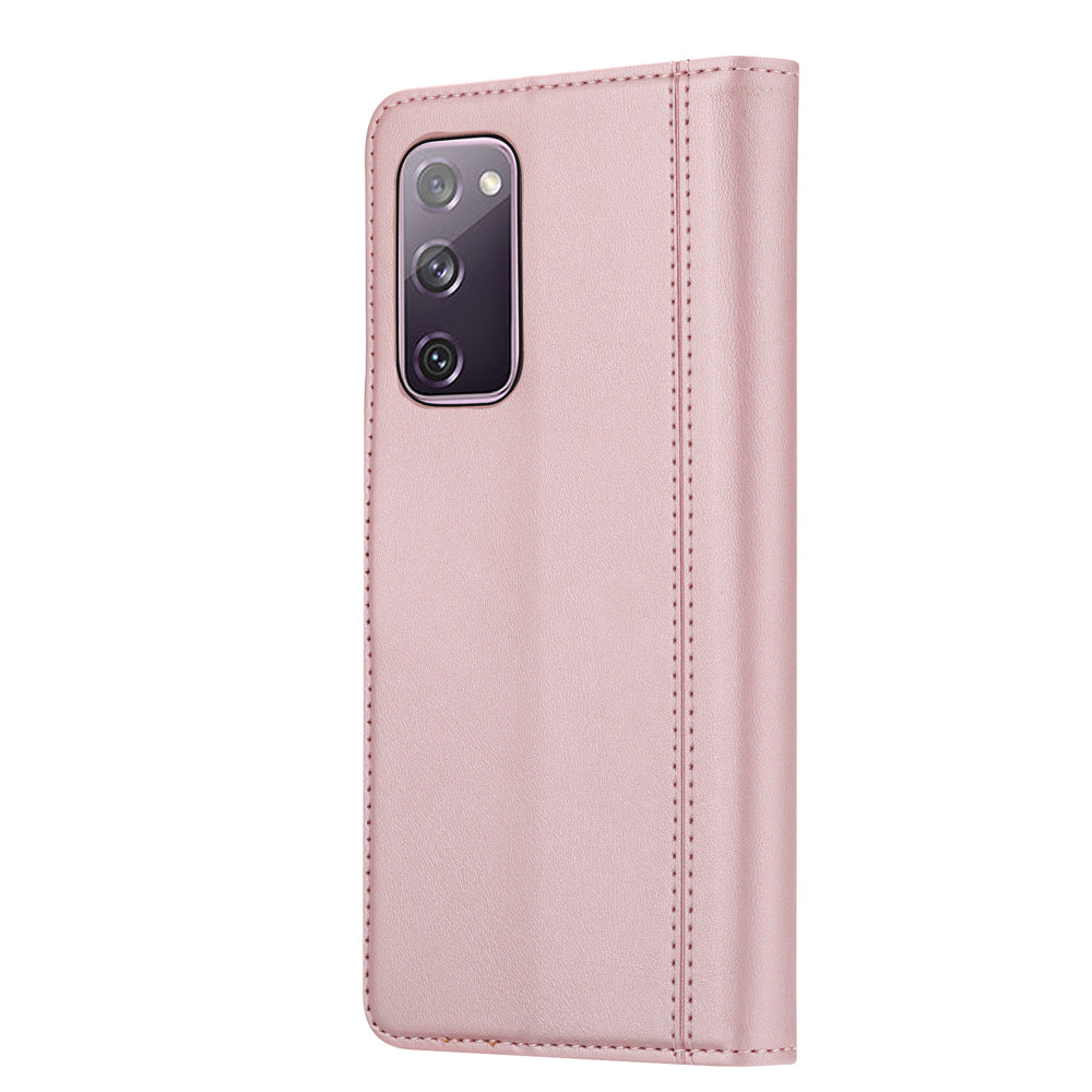 Leather Wallet Stand Phone Shell with Supporting Stand for Samsung Galaxy S20 FE 4G/5G/2022/S20 Lite - Rose Gold
