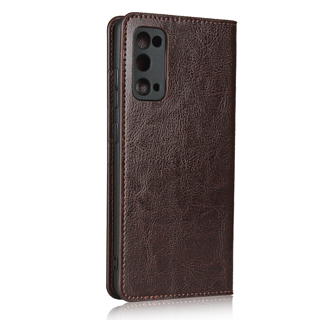 Crazy Horse Auto-Absorbed Genuine Leather Wallet Stand Case for Samsung Galaxy S20 FE/S20 Fan Edition/S20 FE 5G/S20 Fan Edition 5G - Dark Brown
