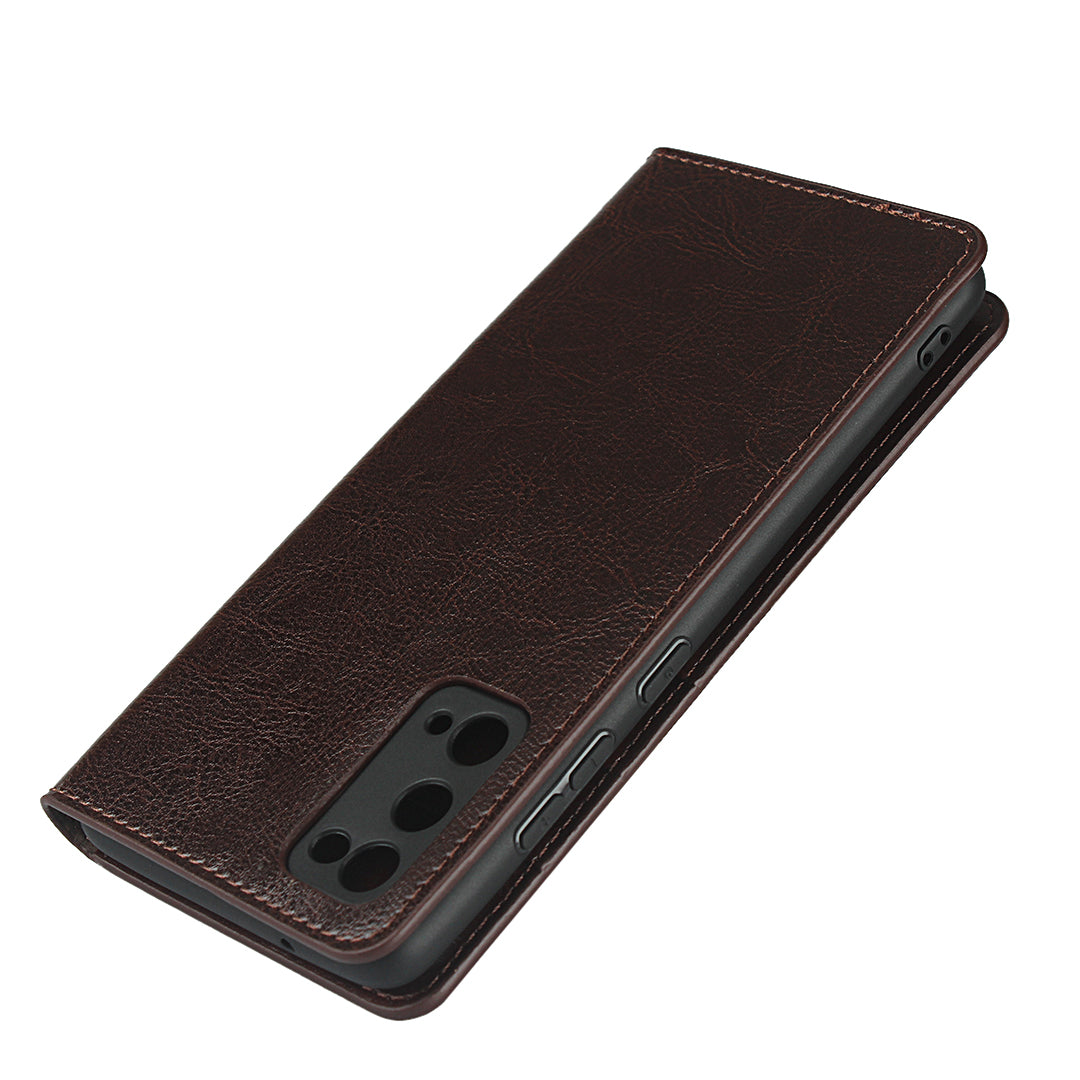 Crazy Horse Auto-Absorbed Genuine Leather Wallet Stand Case for Samsung Galaxy S20 FE/S20 Fan Edition/S20 FE 5G/S20 Fan Edition 5G - Dark Brown