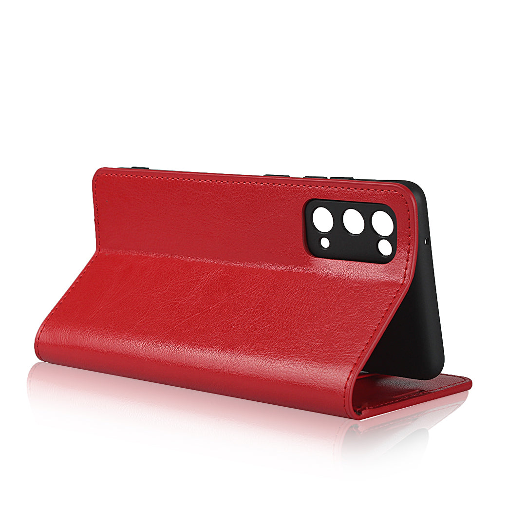 Crazy Horse Auto-Absorbed Genuine Leather Wallet Stand Case for Samsung Galaxy S20 FE/S20 Fan Edition/S20 FE 5G/S20 Fan Edition 5G - Red