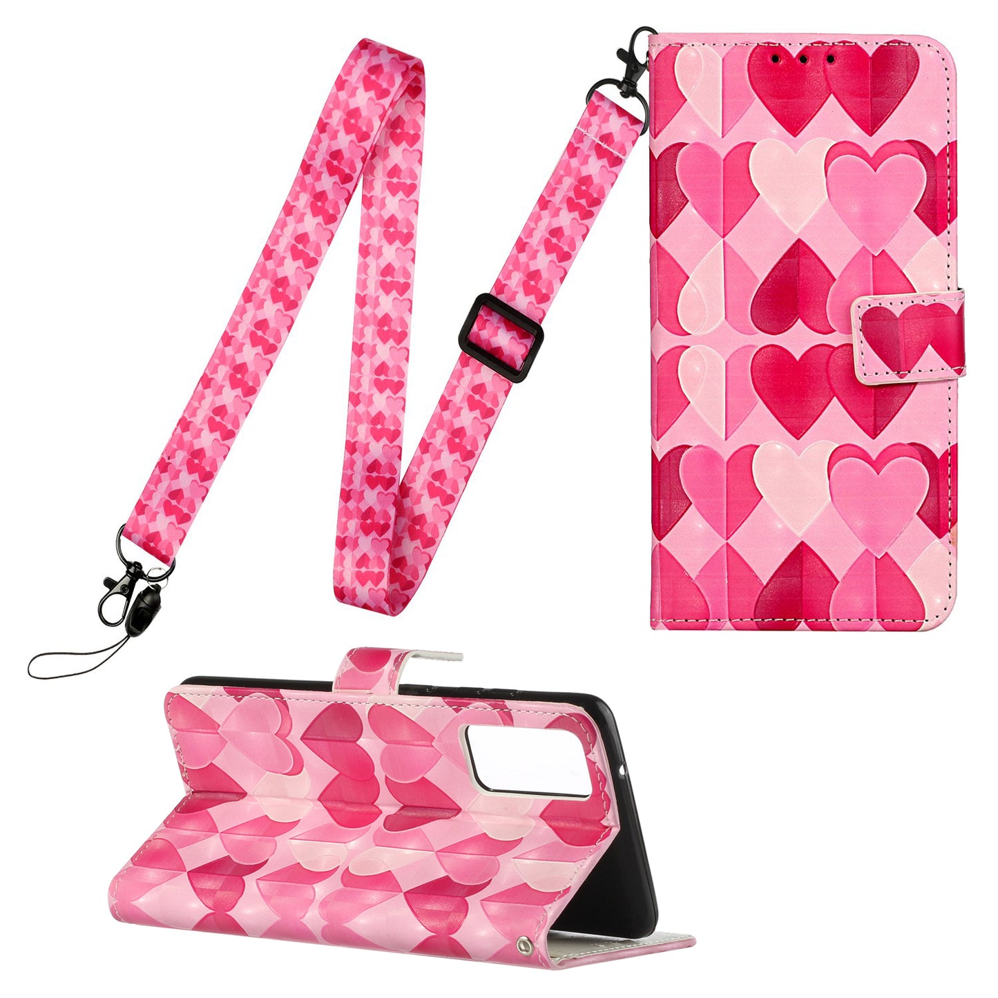 Pattern Printing Leather Protector with Hanging Strap for Samsung Galaxy S20 Plus/S20 Plus 5G Stand Case - Hearts