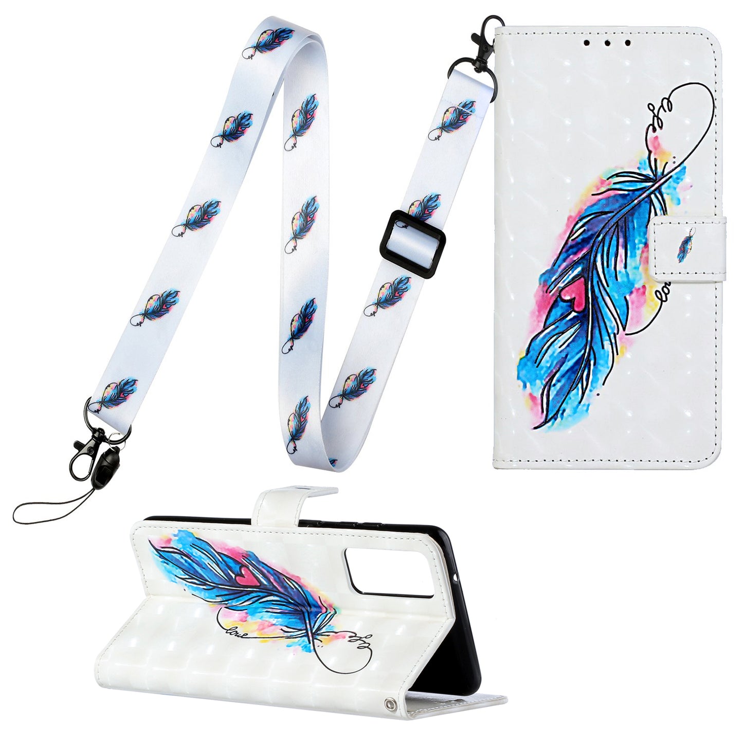 Pattern Printing Leather Protector with Hanging Strap for Samsung Galaxy S20 Plus/S20 Plus 5G Stand Case - Feather