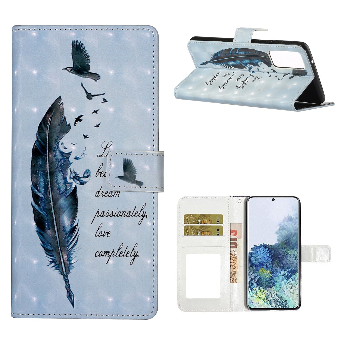 For Samsung Galaxy S20 FE 4G/5G/S20 Lite/S20 FE 2022 Light Spot Decor Pattern Printing Leather Case - Blue Feather
